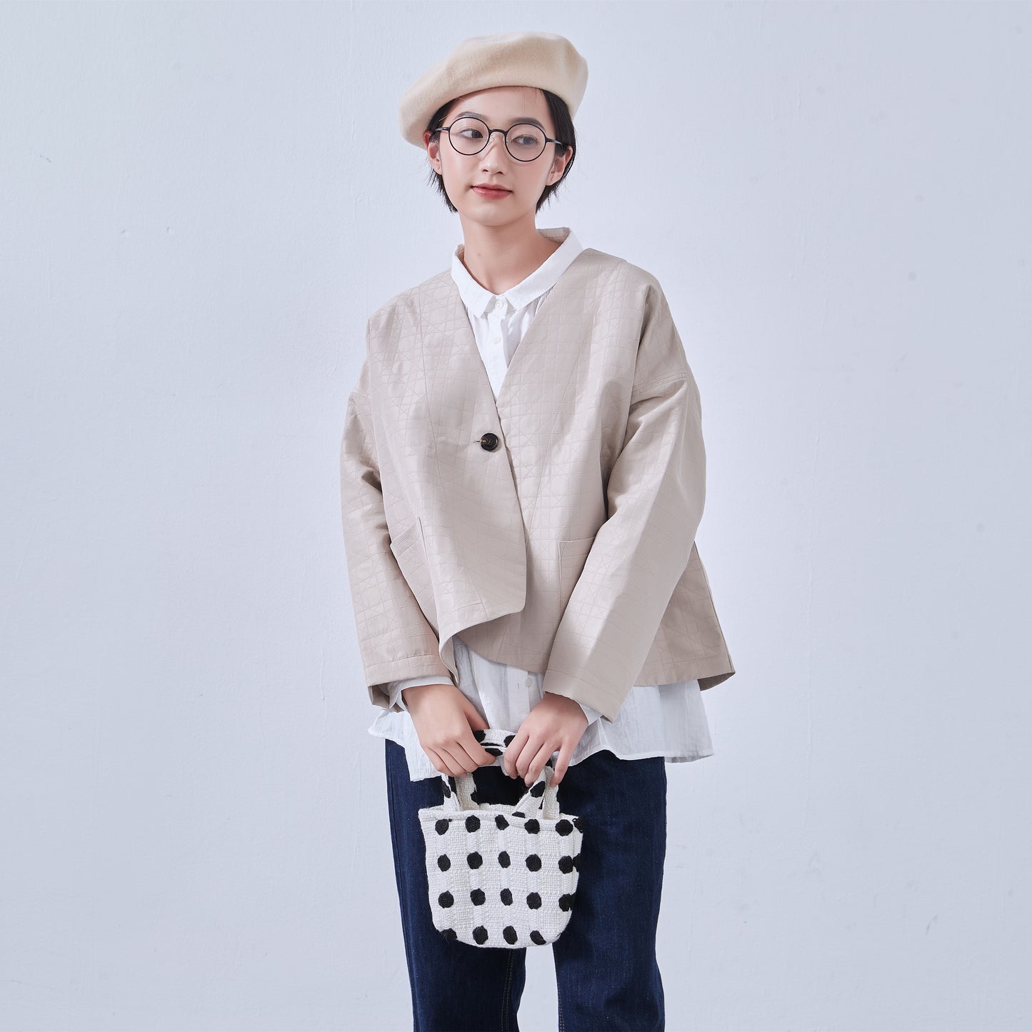 KNNJ355・ラウンドヘム・ノーカラー・キルティング風ジャケット・春秋長袖アウター
