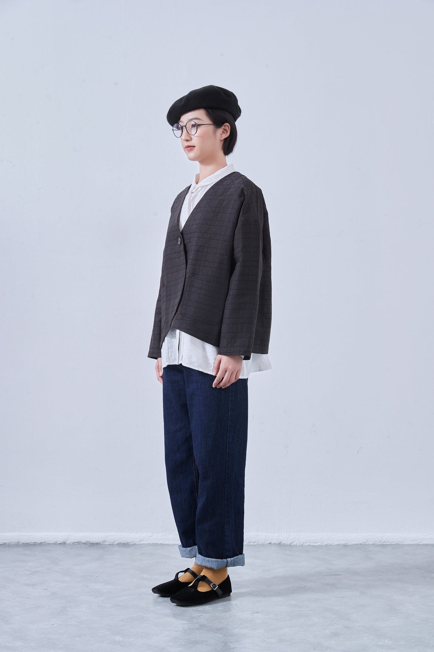 KNNJ355・ラウンドヘム・ノーカラー・キルティング風ジャケット・春秋長袖アウター