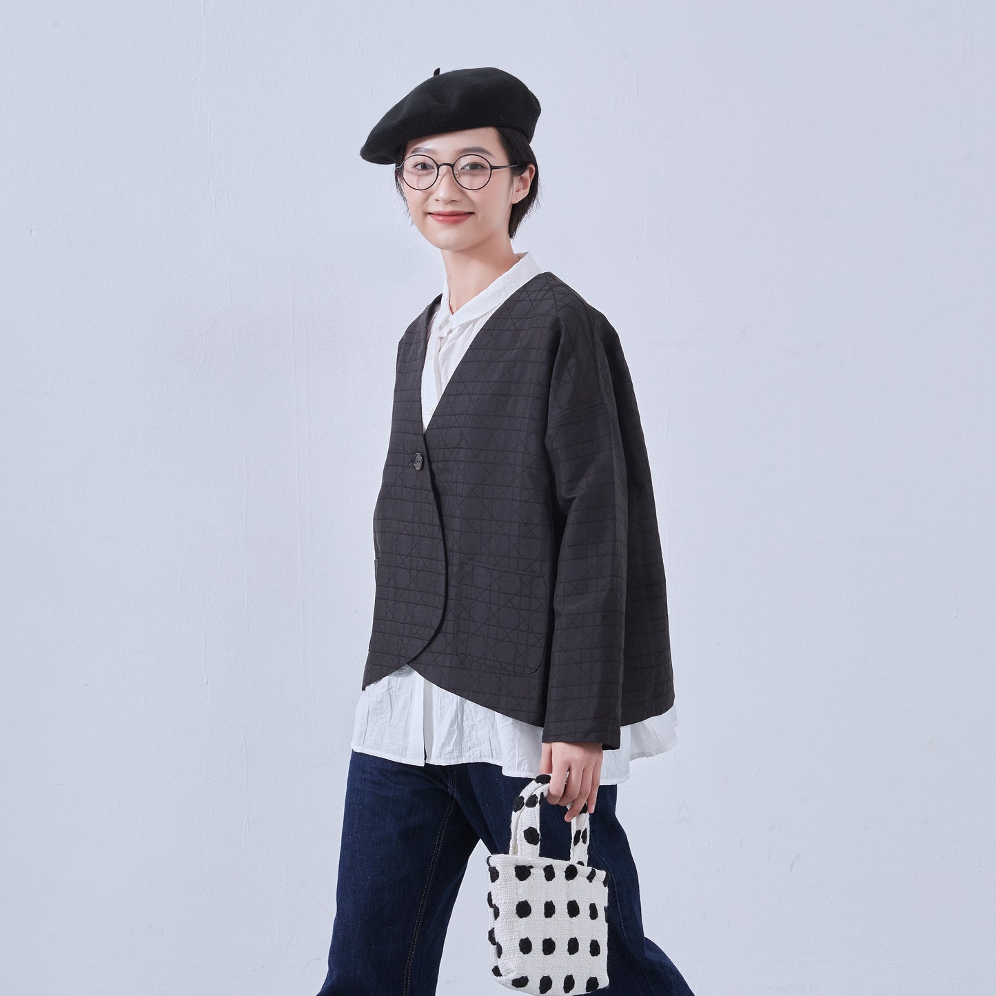 KNNJ355・ラウンドヘム・ノーカラー・キルティング風ジャケット・春秋長袖アウター