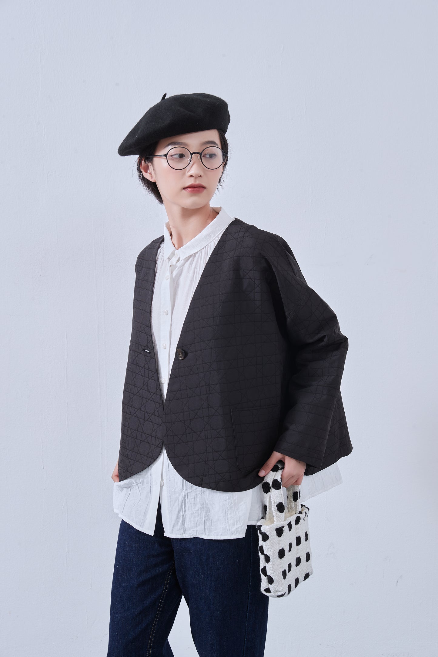 KNNJ355・ラウンドヘム・ノーカラー・キルティング風ジャケット・春秋長袖アウター