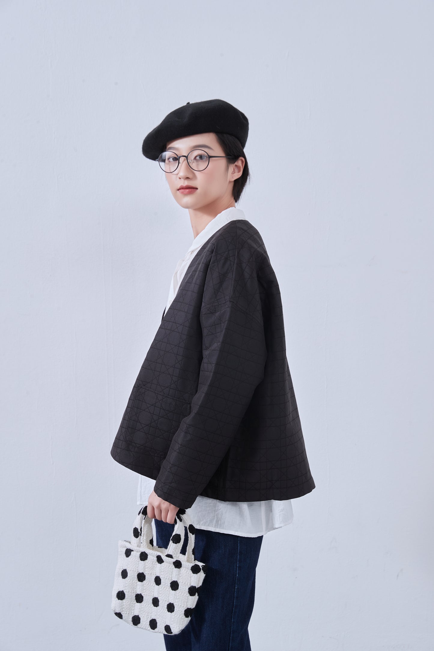 KNNJ355・ラウンドヘム・ノーカラー・キルティング風ジャケット・春秋長袖アウター
