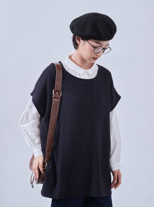 畝織りニット風カットソー・大きなベスト・チュニックベスト・暖かい凹凸畝素材KNNT356