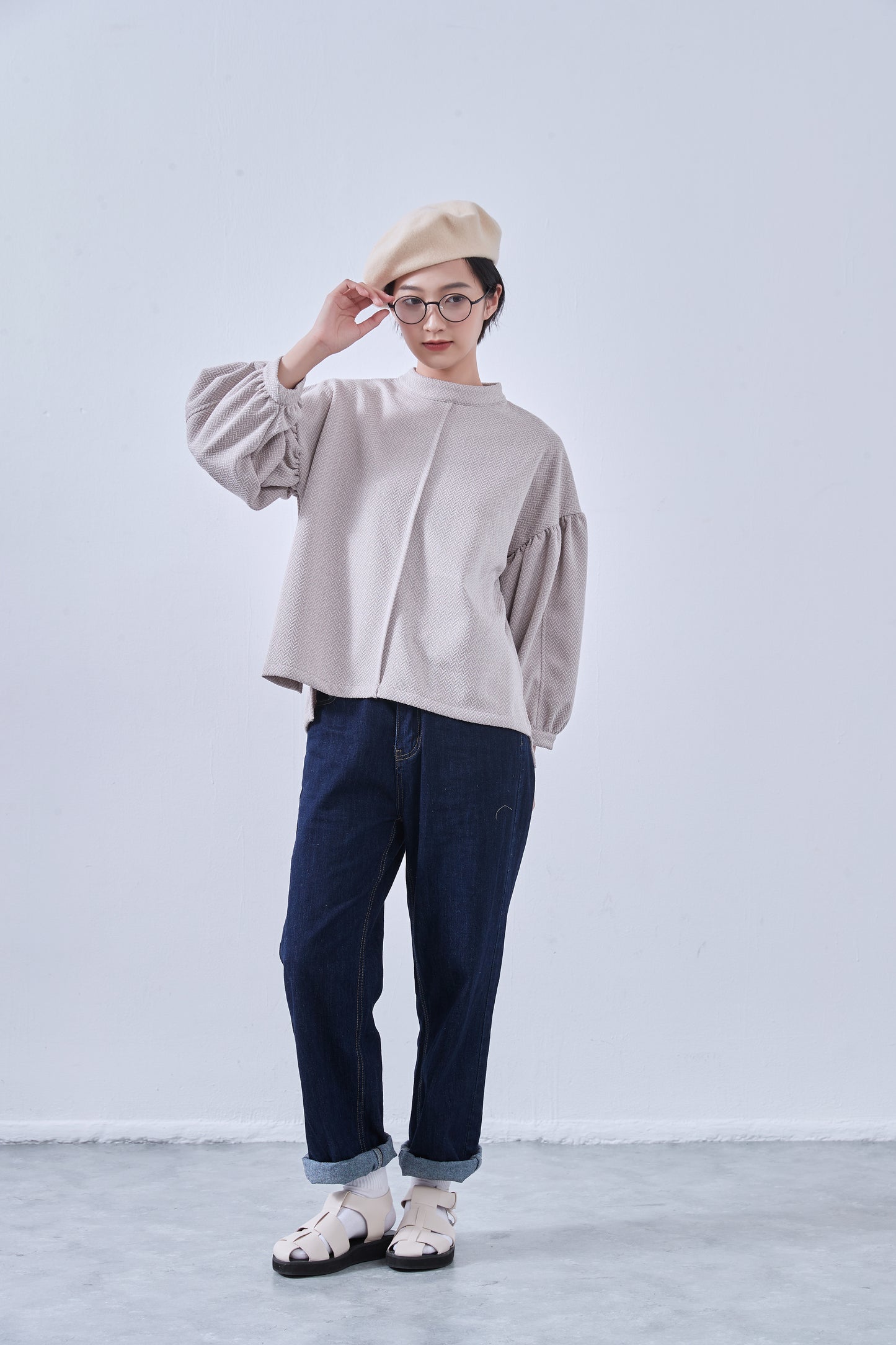 KNNT357・ボリュームパフスリーブ・長袖カットソージャガード素材・秋冬トップス