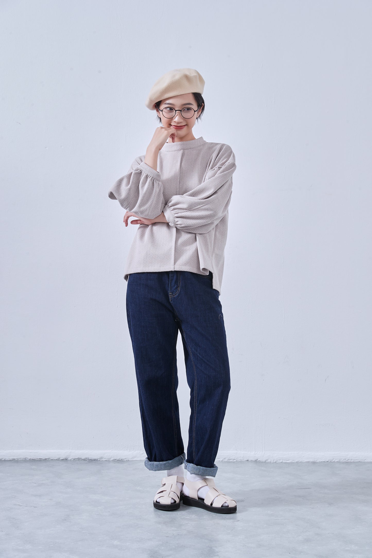 KNNT357・ボリュームパフスリーブ・長袖カットソージャガード素材・秋冬トップス