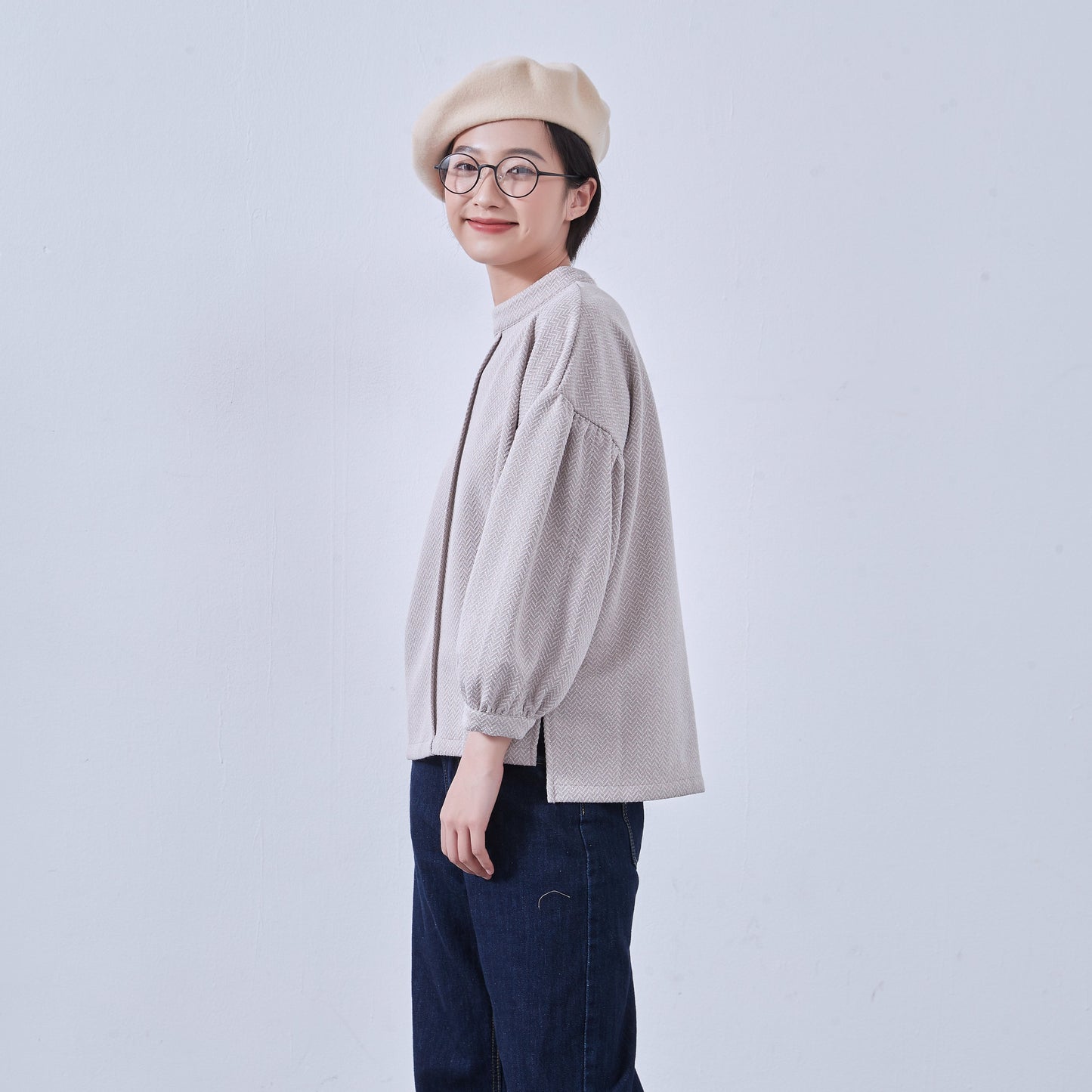 KNNT357・ボリュームパフスリーブ・長袖カットソージャガード素材・秋冬トップス