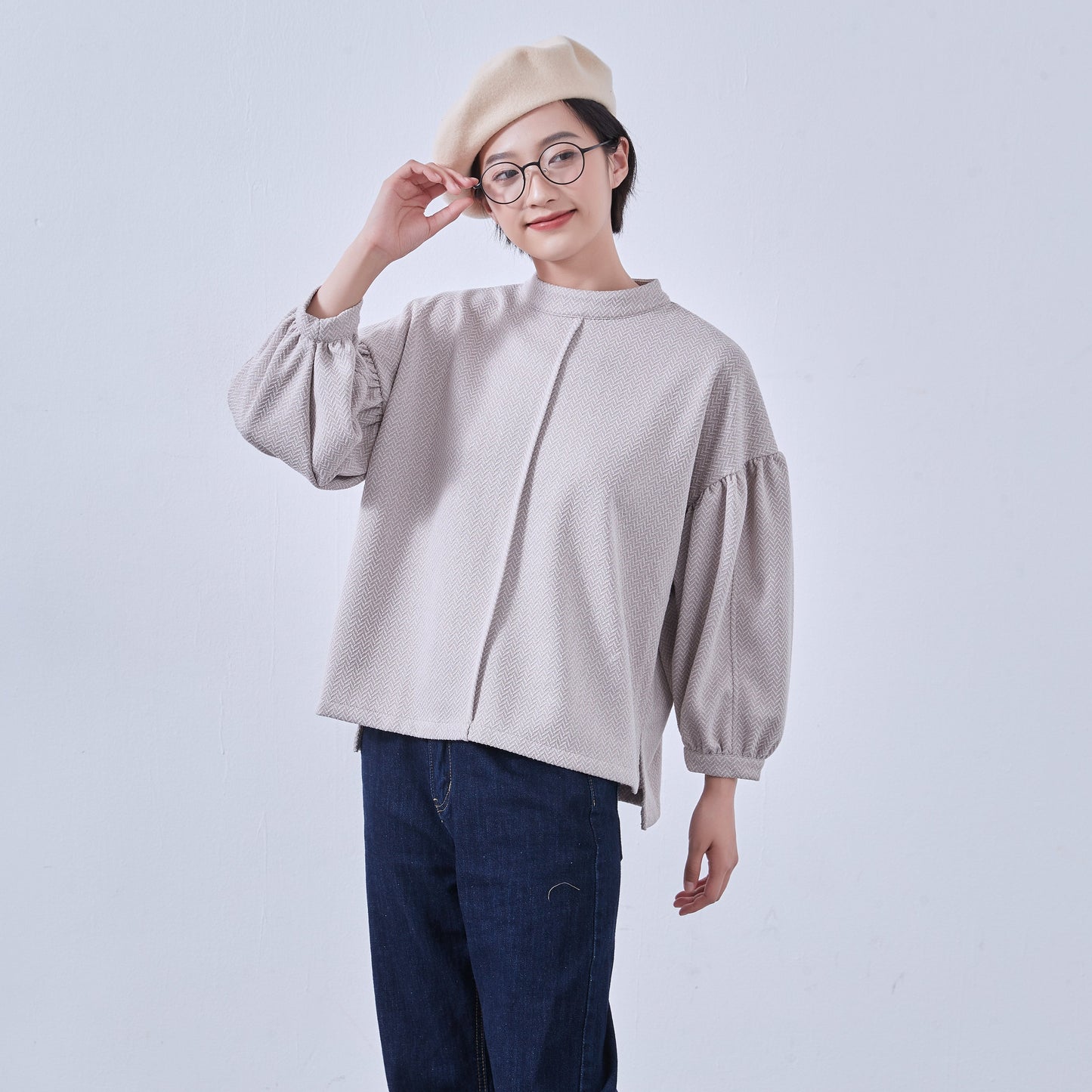 KNNT357・ボリュームパフスリーブ・長袖カットソージャガード素材・秋冬トップス