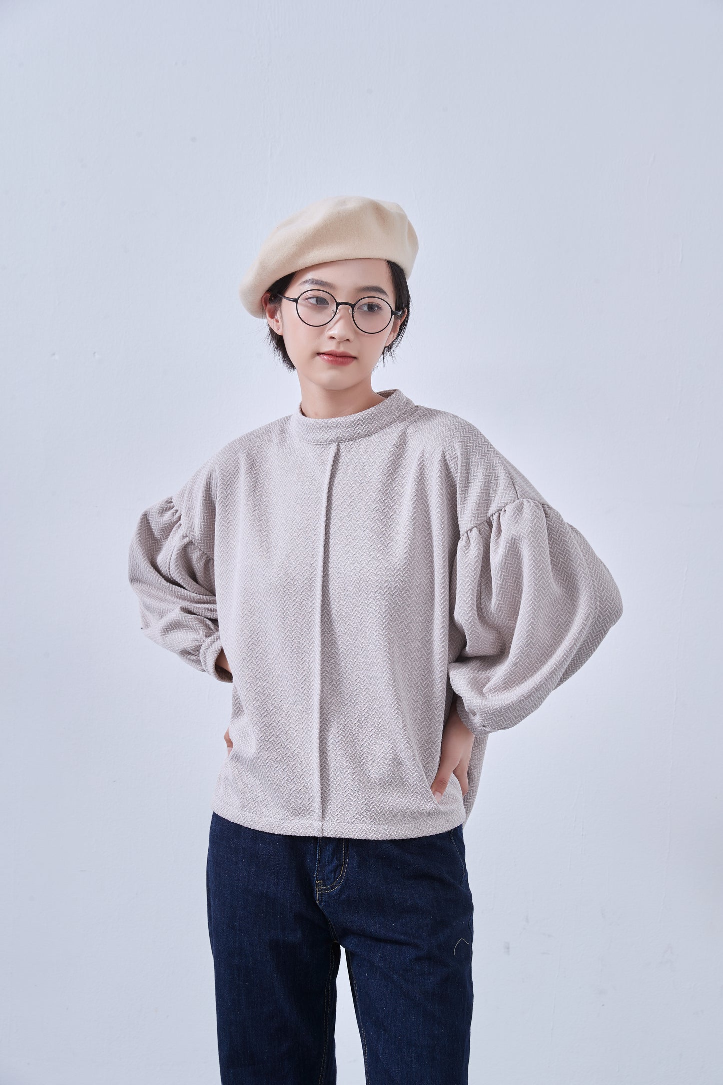 KNNT357・ボリュームパフスリーブ・長袖カットソージャガード素材・秋冬トップス