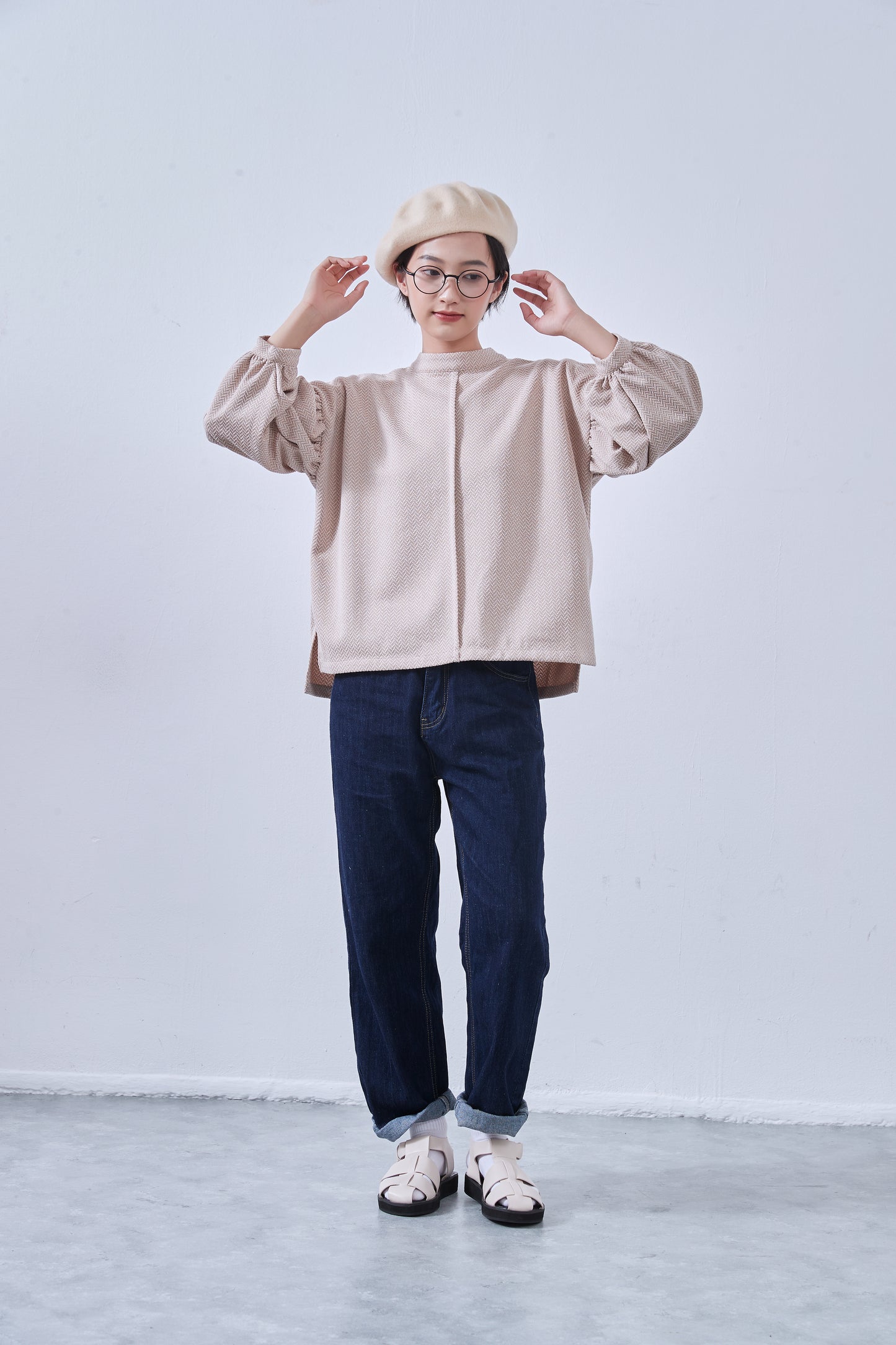 KNNT357・ボリュームパフスリーブ・長袖カットソージャガード素材・秋冬トップス