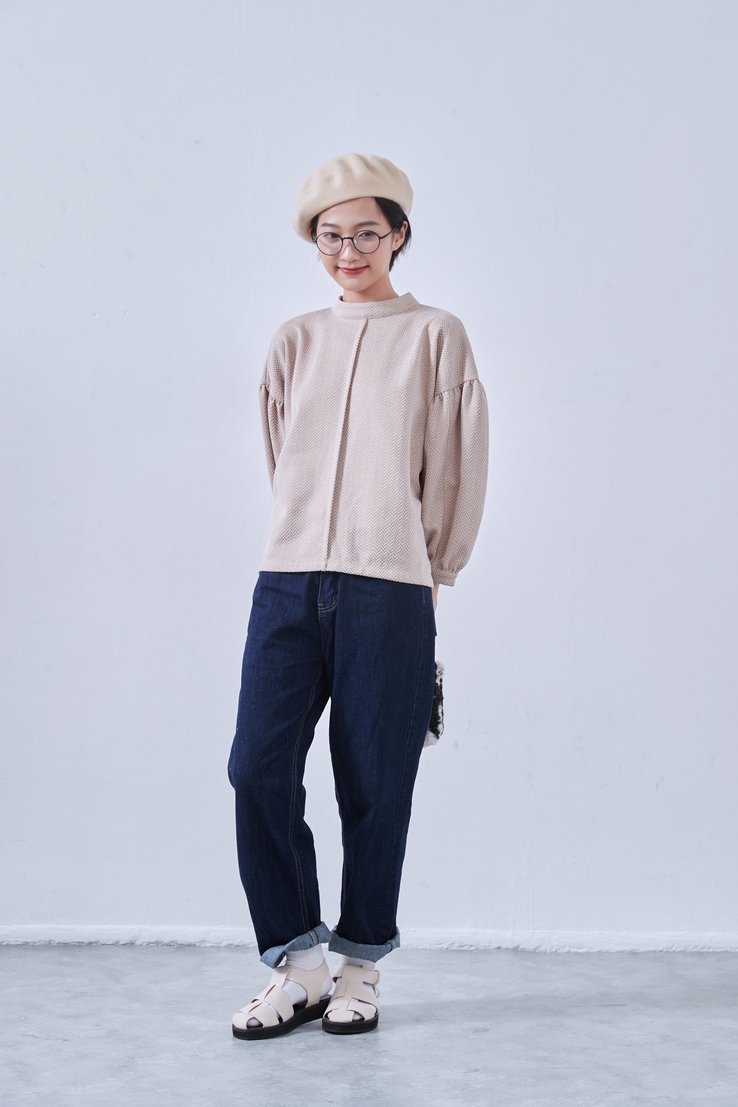 KNNT357・ボリュームパフスリーブ・長袖カットソージャガード素材・秋冬トップス