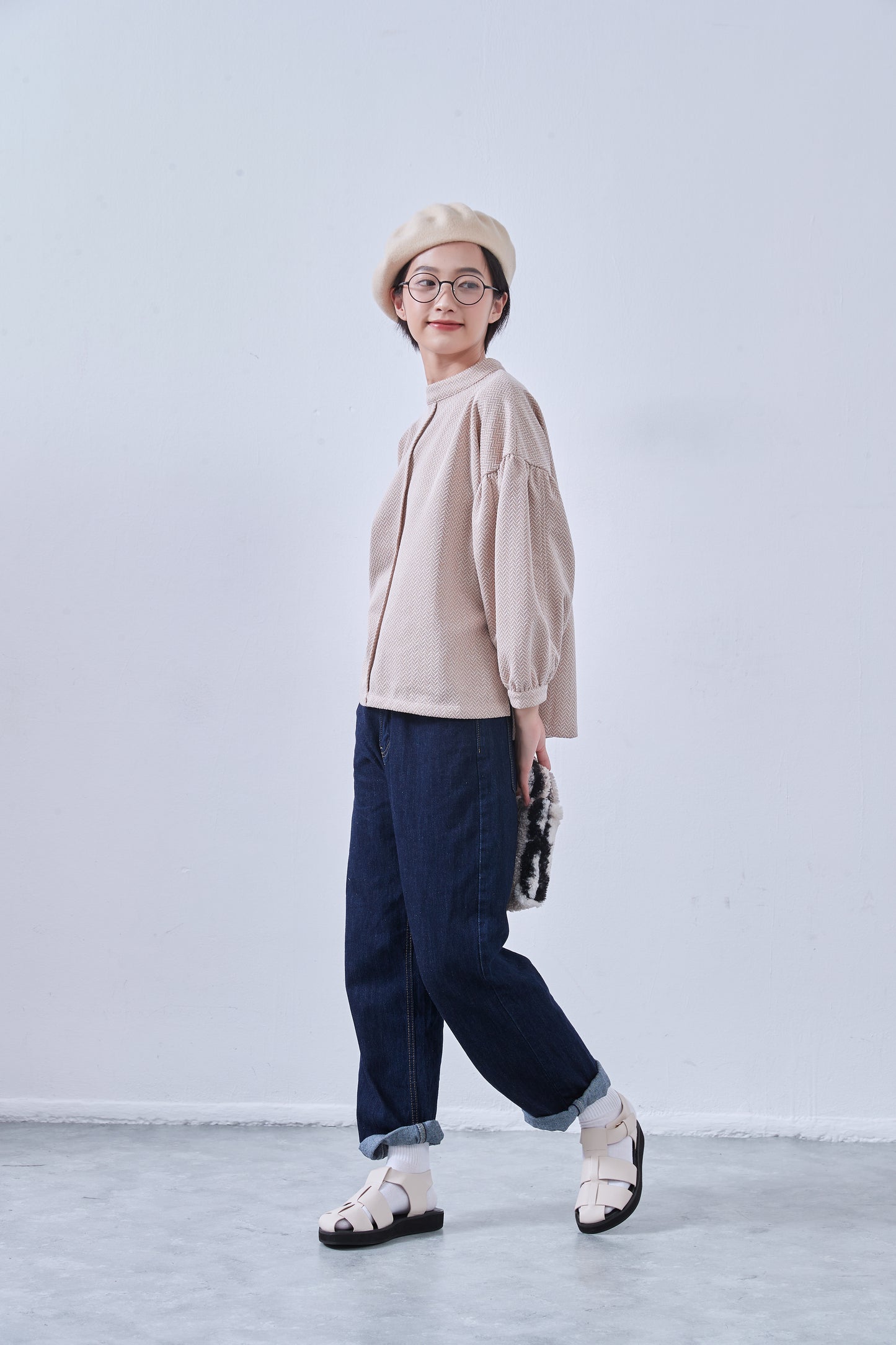KNNT357・ボリュームパフスリーブ・長袖カットソージャガード素材・秋冬トップス