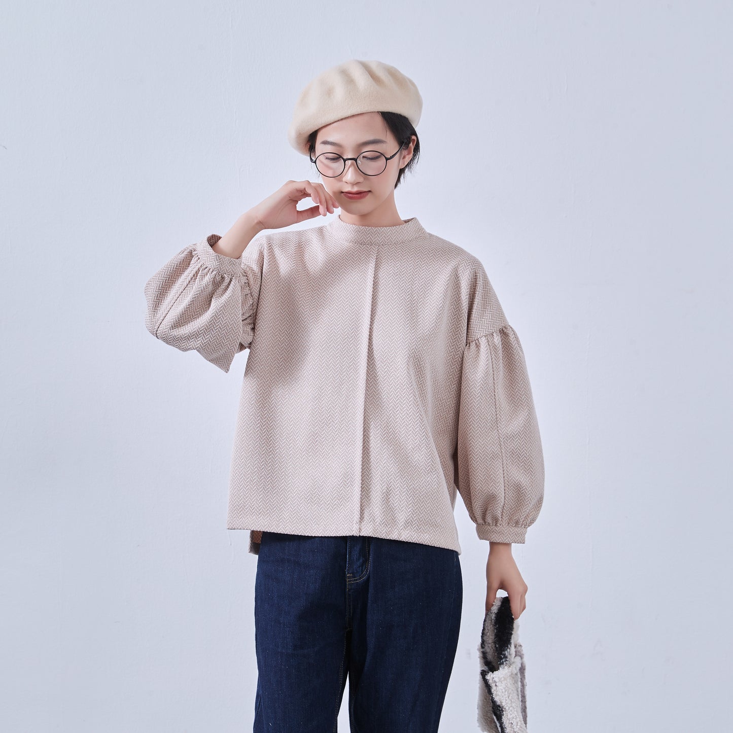 KNNT357・ボリュームパフスリーブ・長袖カットソージャガード素材・秋冬トップス