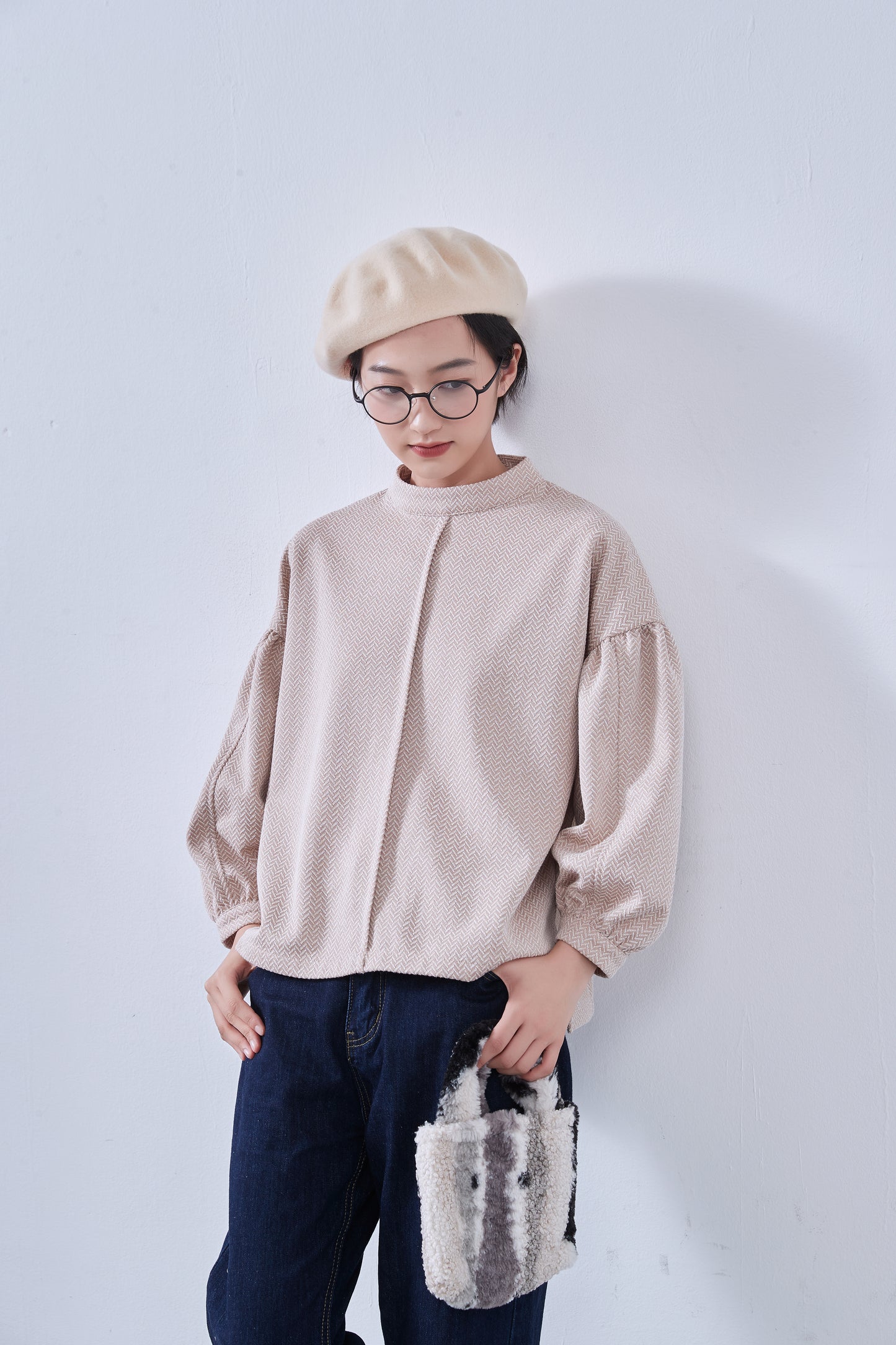 KNNT357・ボリュームパフスリーブ・長袖カットソージャガード素材・秋冬トップス