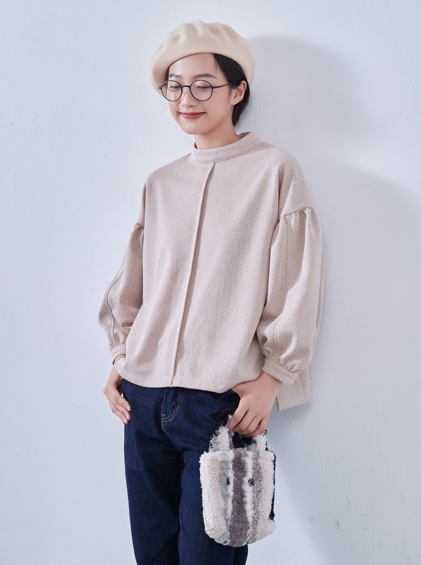 KNNT357・ボリュームパフスリーブ・長袖カットソージャガード素材・秋冬トップス