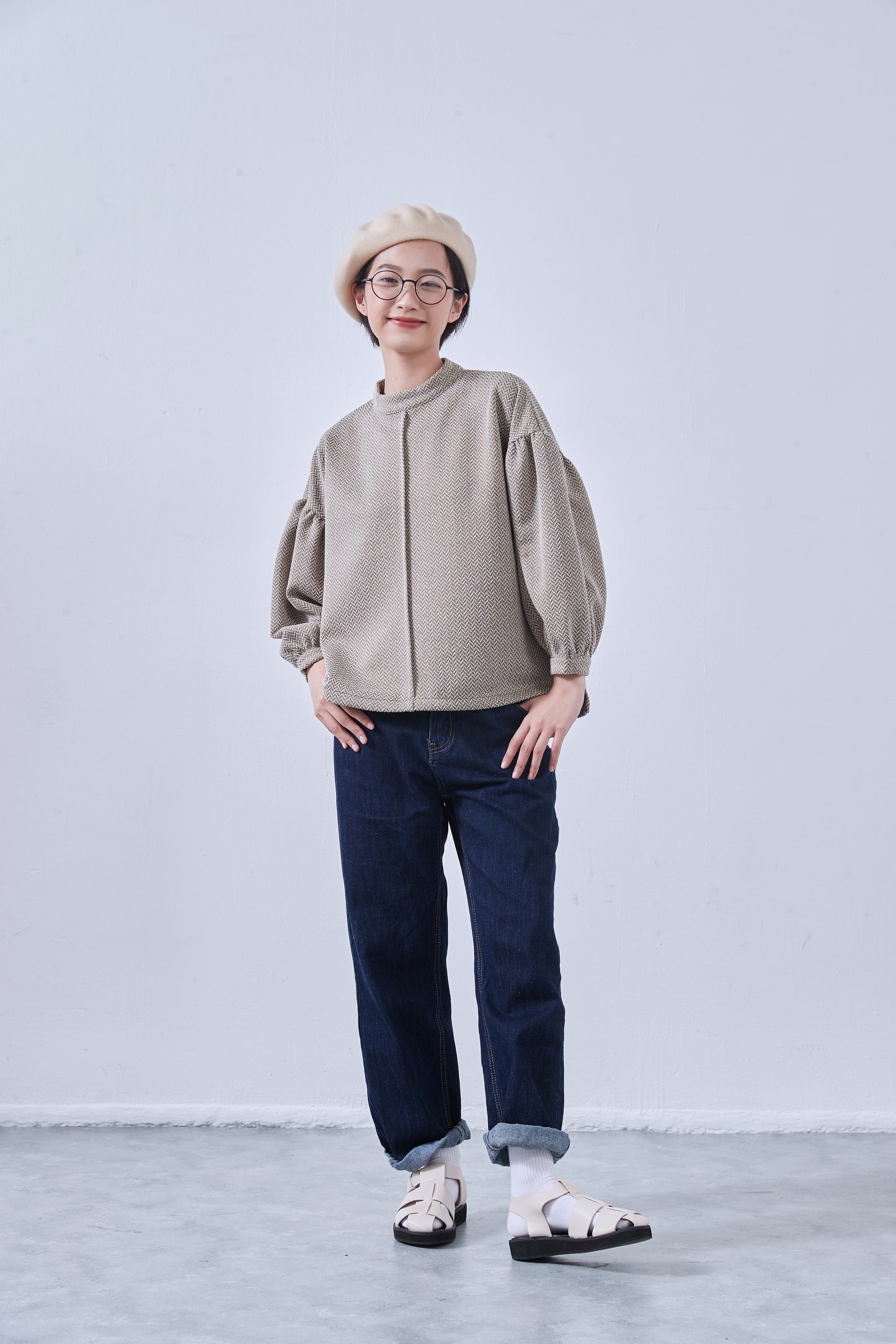 KNNT357・ボリュームパフスリーブ・長袖カットソージャガード素材・秋冬トップス