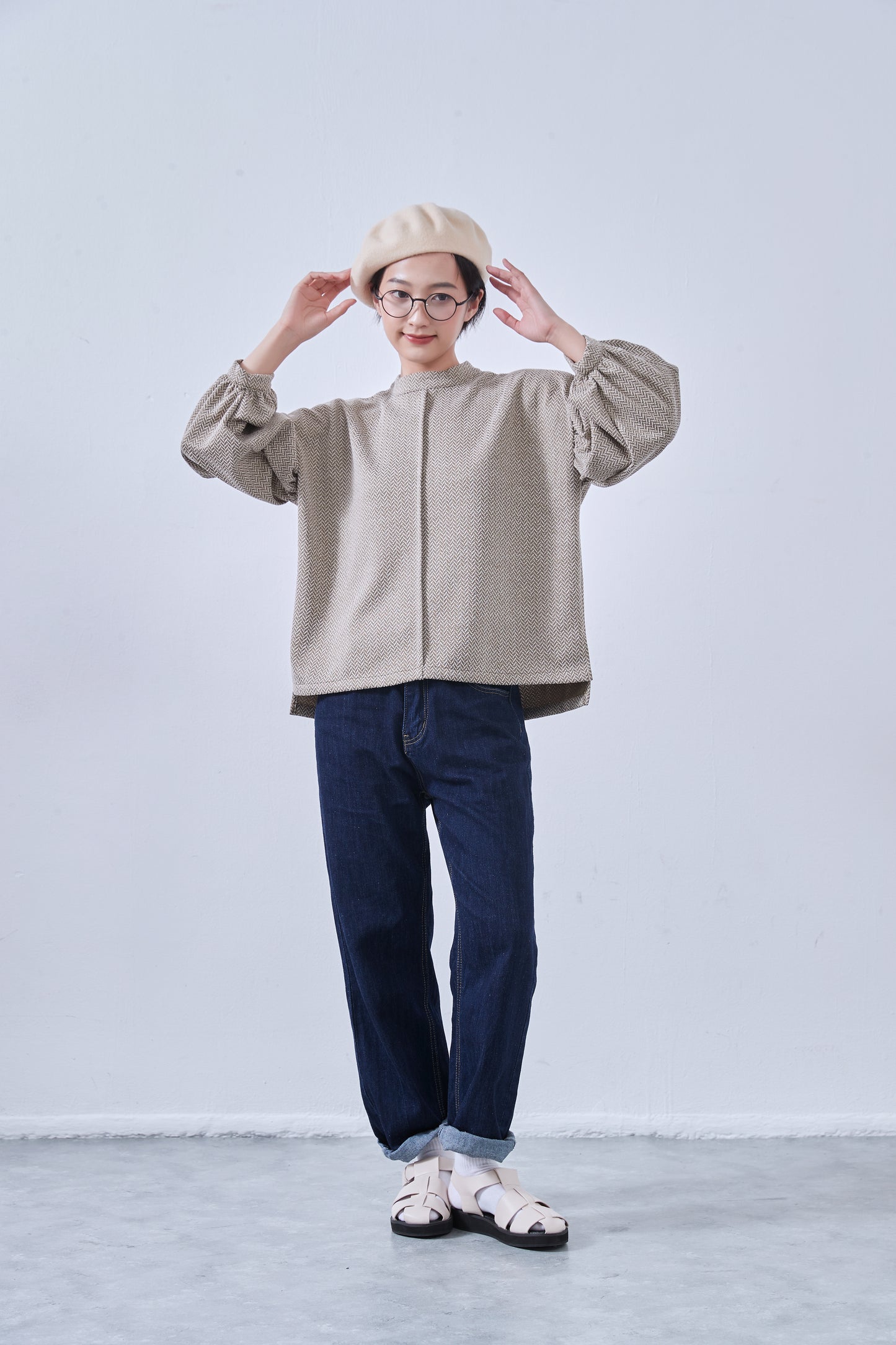 KNNT357・ボリュームパフスリーブ・長袖カットソージャガード素材・秋冬トップス