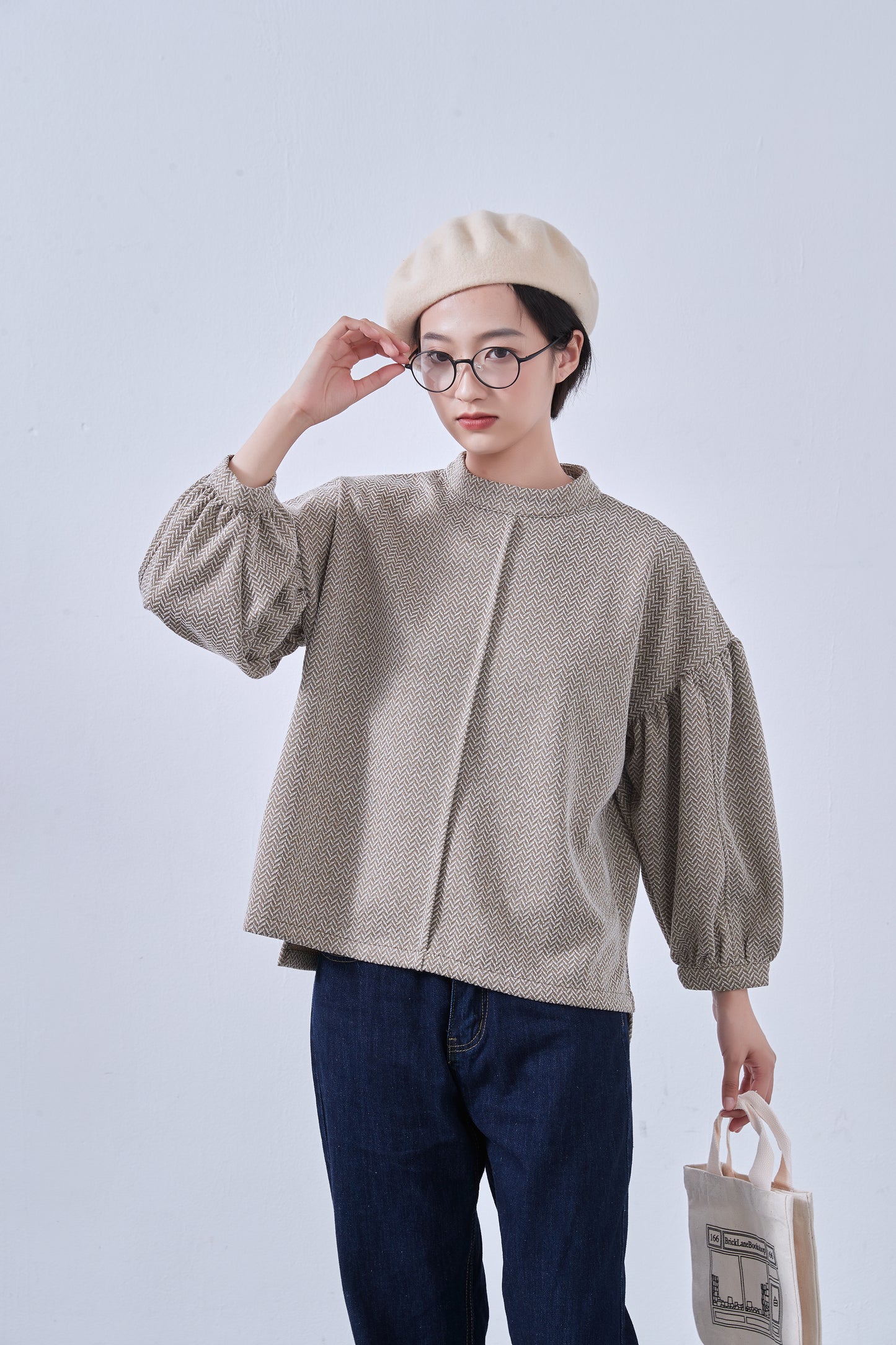 KNNT357・ボリュームパフスリーブ・長袖カットソージャガード素材・秋冬トップス
