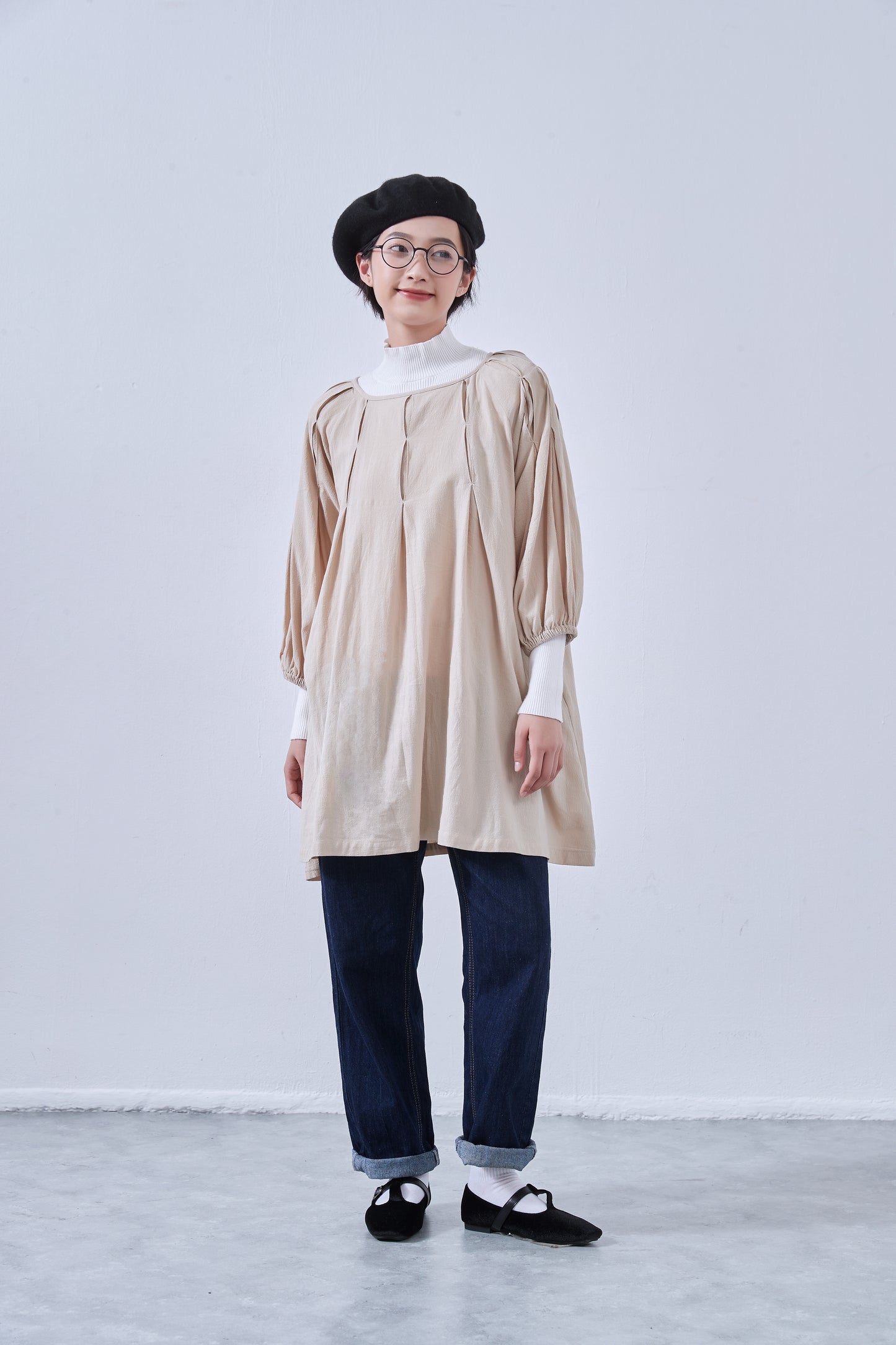 KNNO358・綿100%・チュニック・タックステッチ入り・Aライン・長袖ワンピース