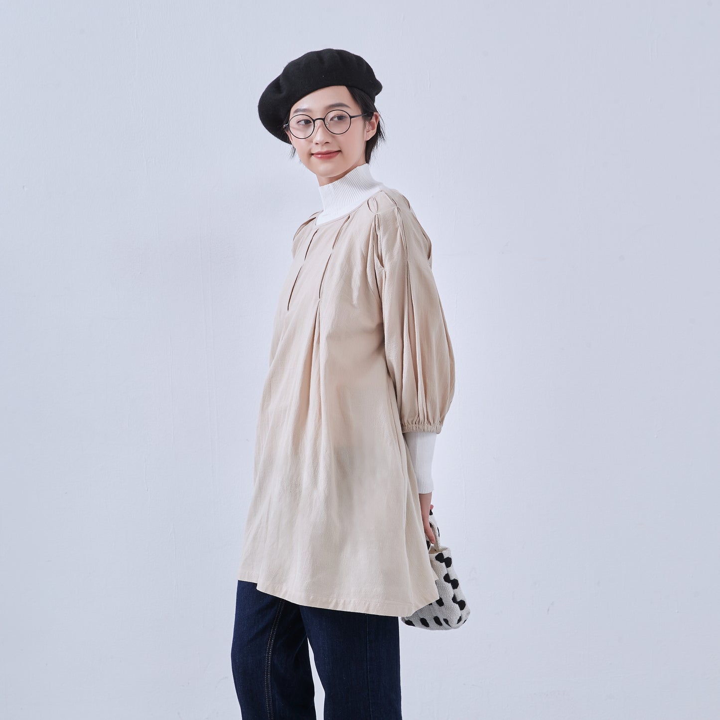 KNNO358・綿100%・チュニック・タックステッチ入り・Aライン・長袖ワンピース