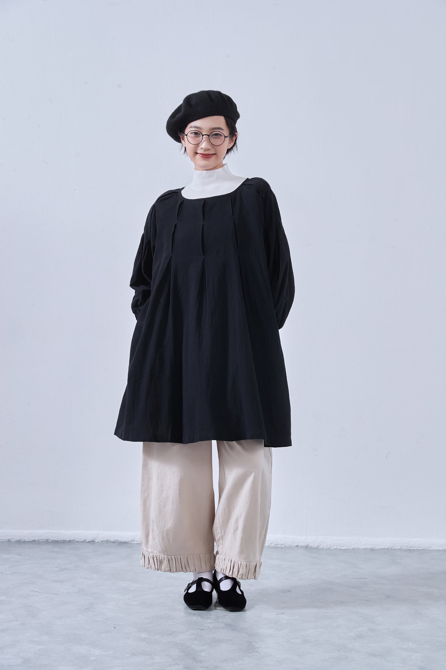 KNNO358・綿100%・チュニック・タックステッチ入り・Aライン・長袖ワンピース