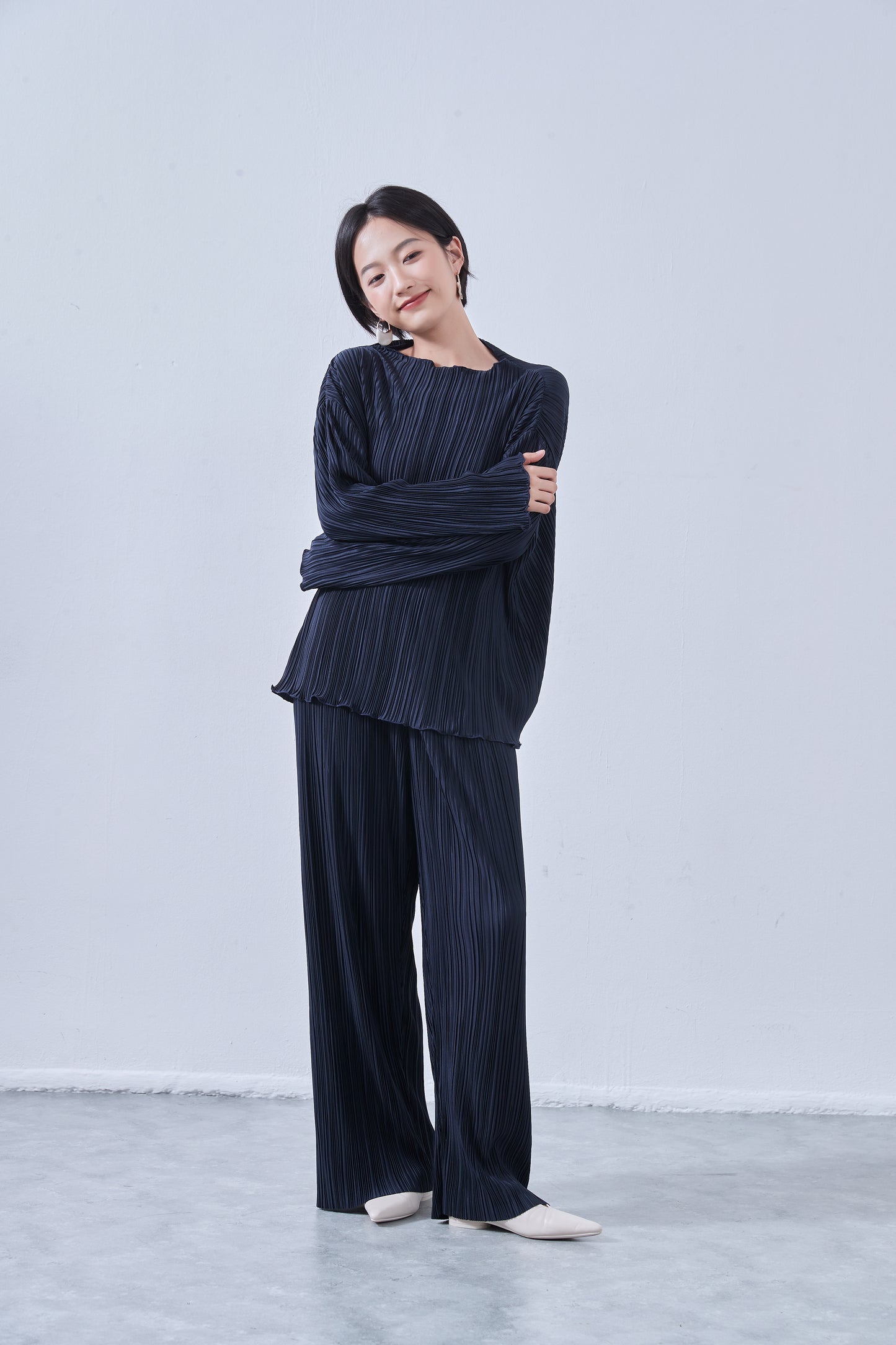 KNNP365・プリーツ加工・カットソーワイドパンツ・セットアップ商品・アップサイクル・イージーパンツ