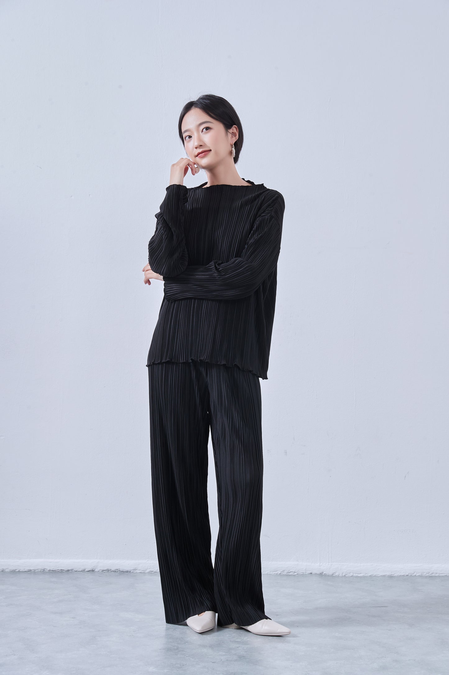 KNNP365・プリーツ加工・カットソーワイドパンツ・セットアップ商品・アップサイクル・イージーパンツ