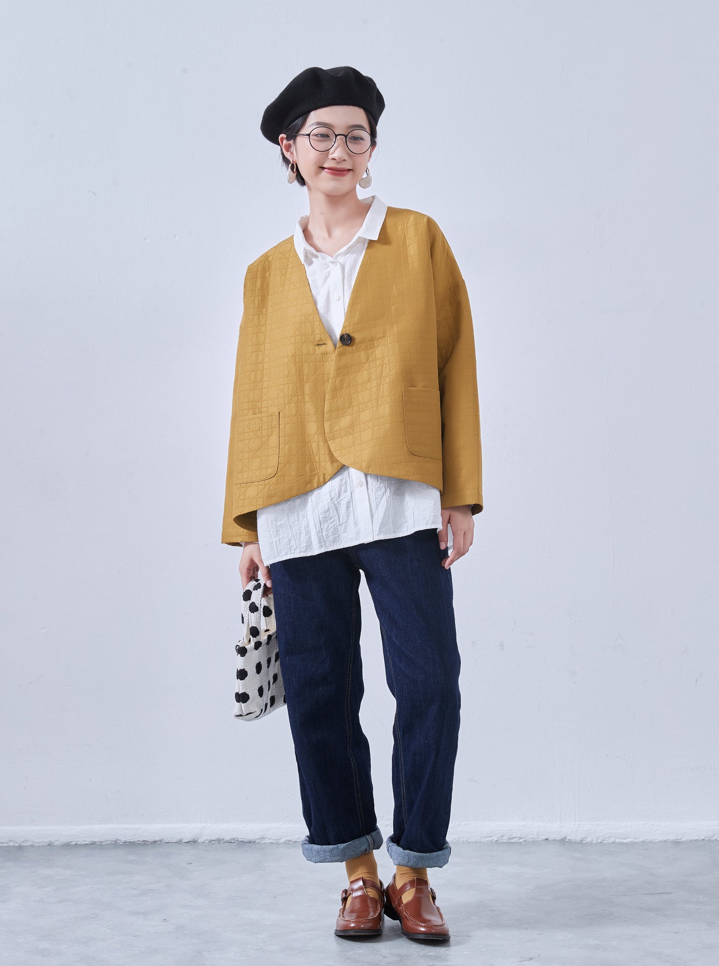KNNJ355・ラウンドヘム・ノーカラー・キルティング風ジャケット・春秋長袖アウター