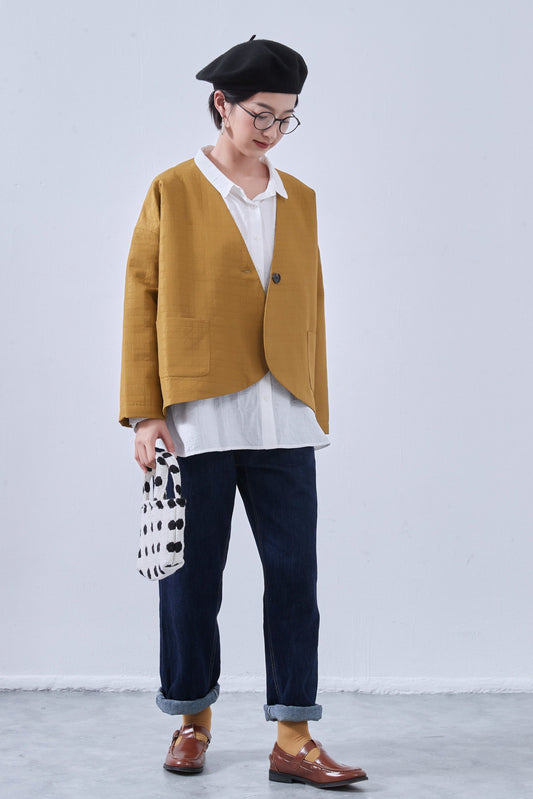 KNNJ355・ラウンドヘム・ノーカラー・キルティング風ジャケット・春秋長袖アウター