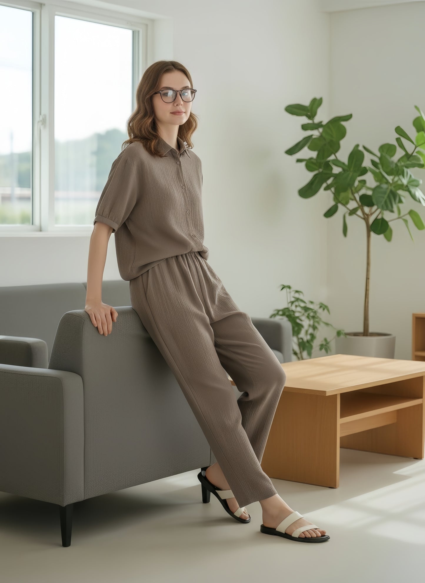 かすれストライプセットアップ・シワ感素材・ブラウスとコクーンパンツのらくちんコーデ-KNXC432/433