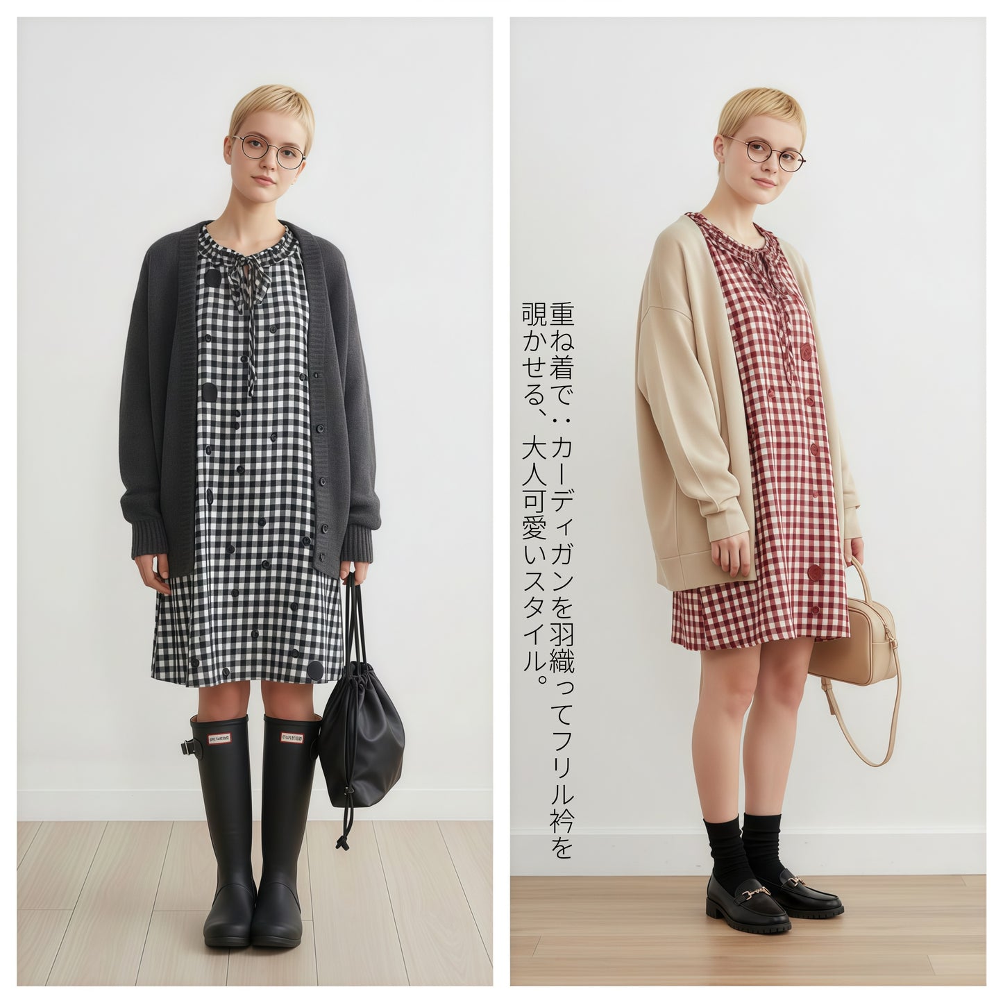 KNGT637・チェック水玉プリントフリル衿のとろみデシンチュニック丈ノースリーブワンピース