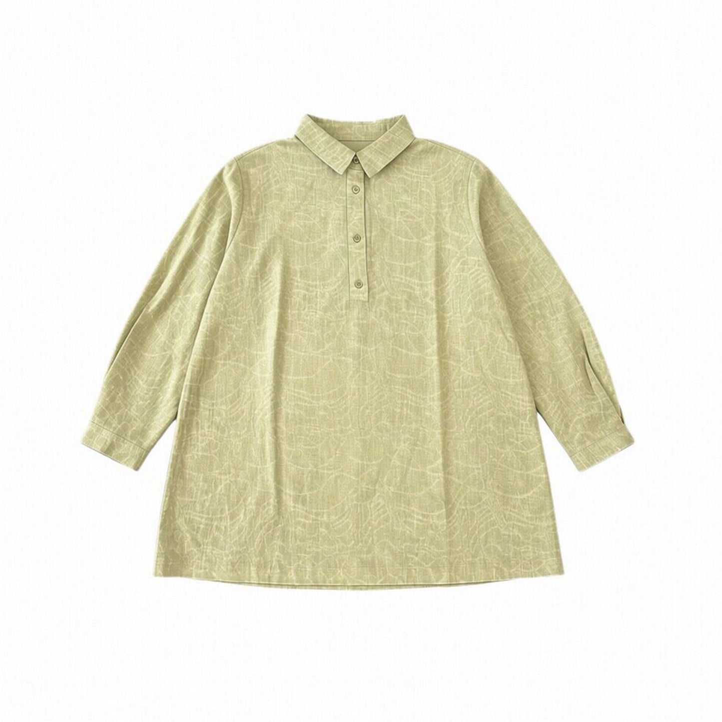 KNGT623・ジャカード織りシャツ襟長袖チュニック 波柄ムラ染風 ハーフボタン ブラウス