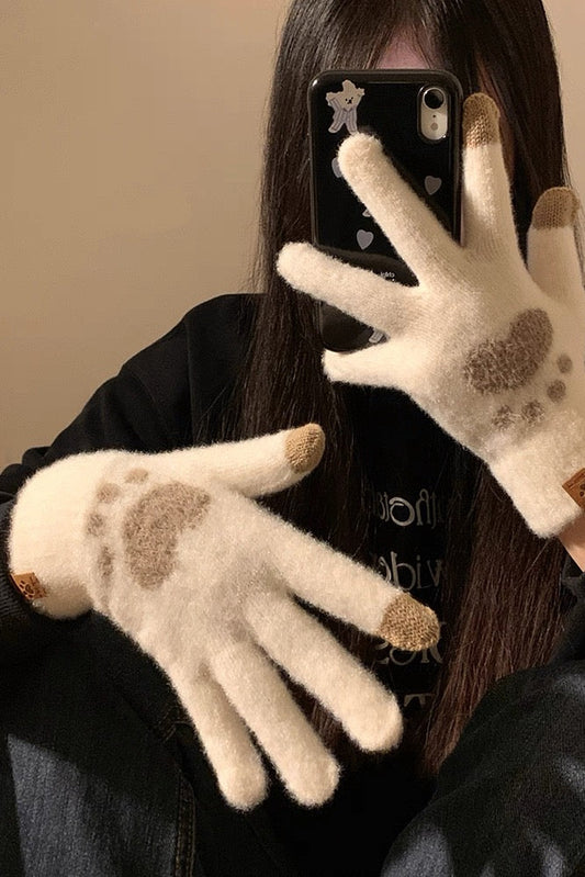 手袋 レディース メンズ スマホ対応 肉球デザイン ニット手袋 5本指 スマホタッチ対応 かわいい 防寒 冬小物KYS-009