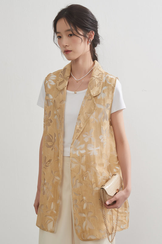 KNGV603-花柄のオパール加工素材・軽やかシアー感・襟付きベスト