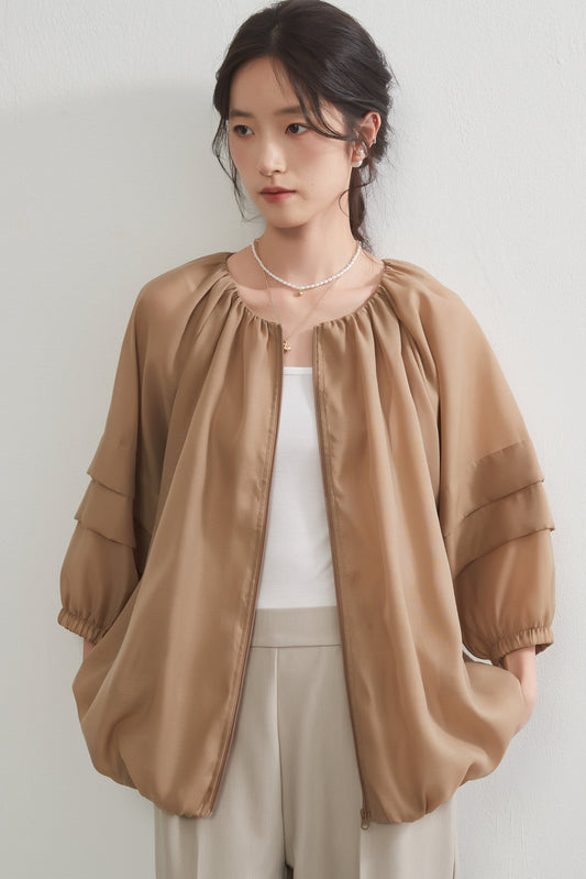 KNGJ605-シアーブルゾンジャケット・裾ギャザーZIPシアーアウター