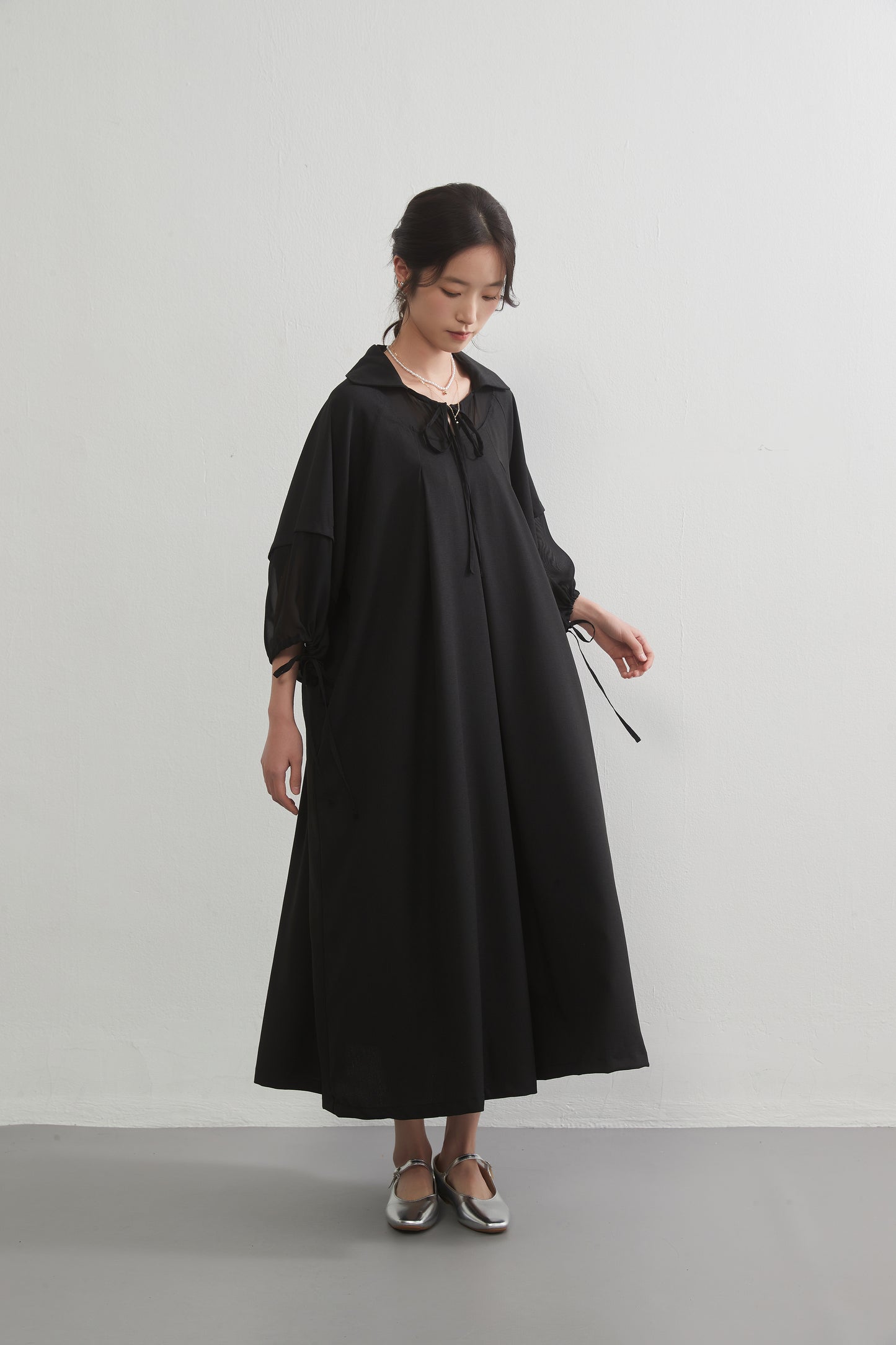 KNXO537-シフォン切替フレアタックロングワンピース