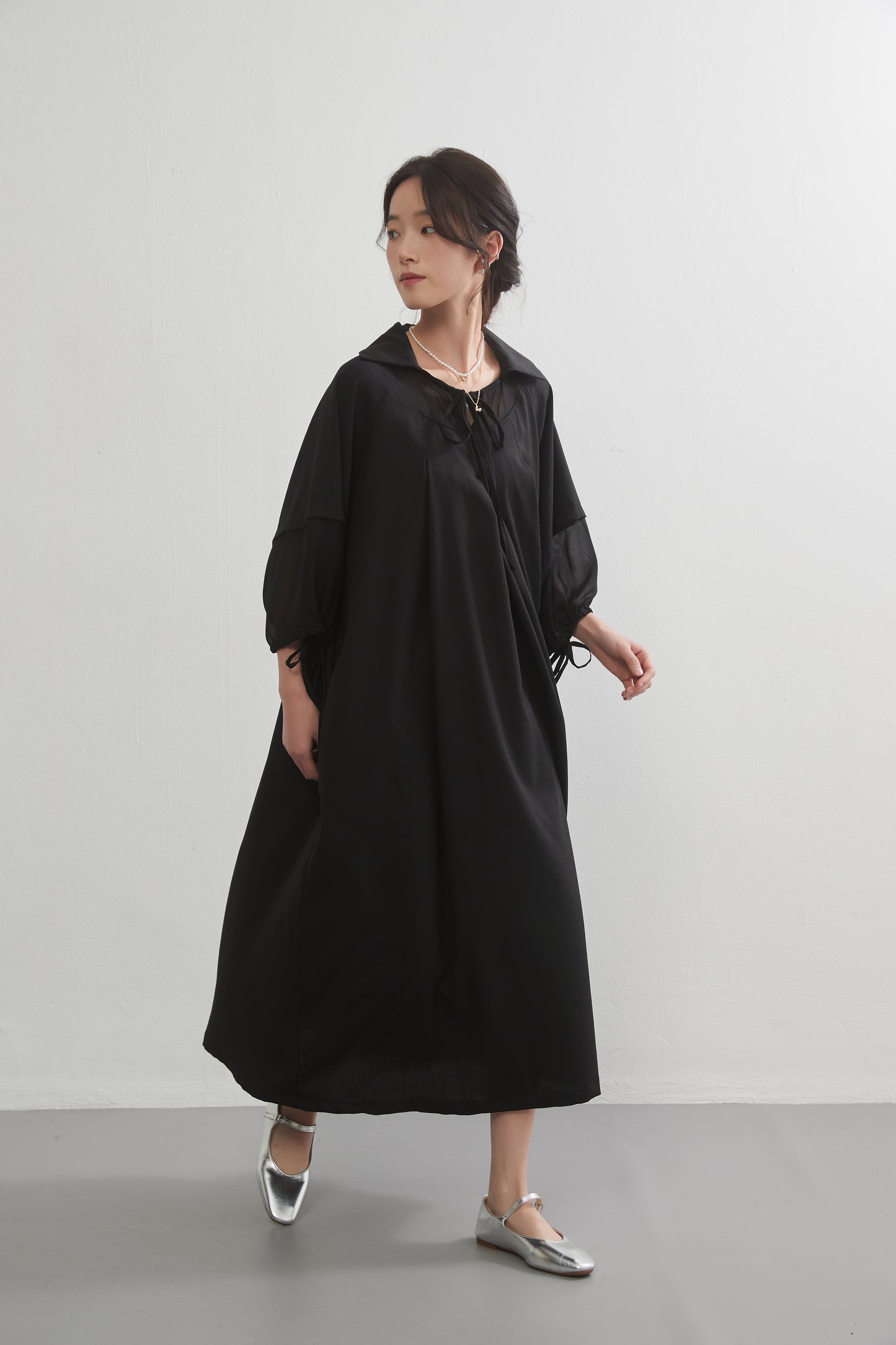 KNXO537-シフォン切替フレアタックロングワンピース