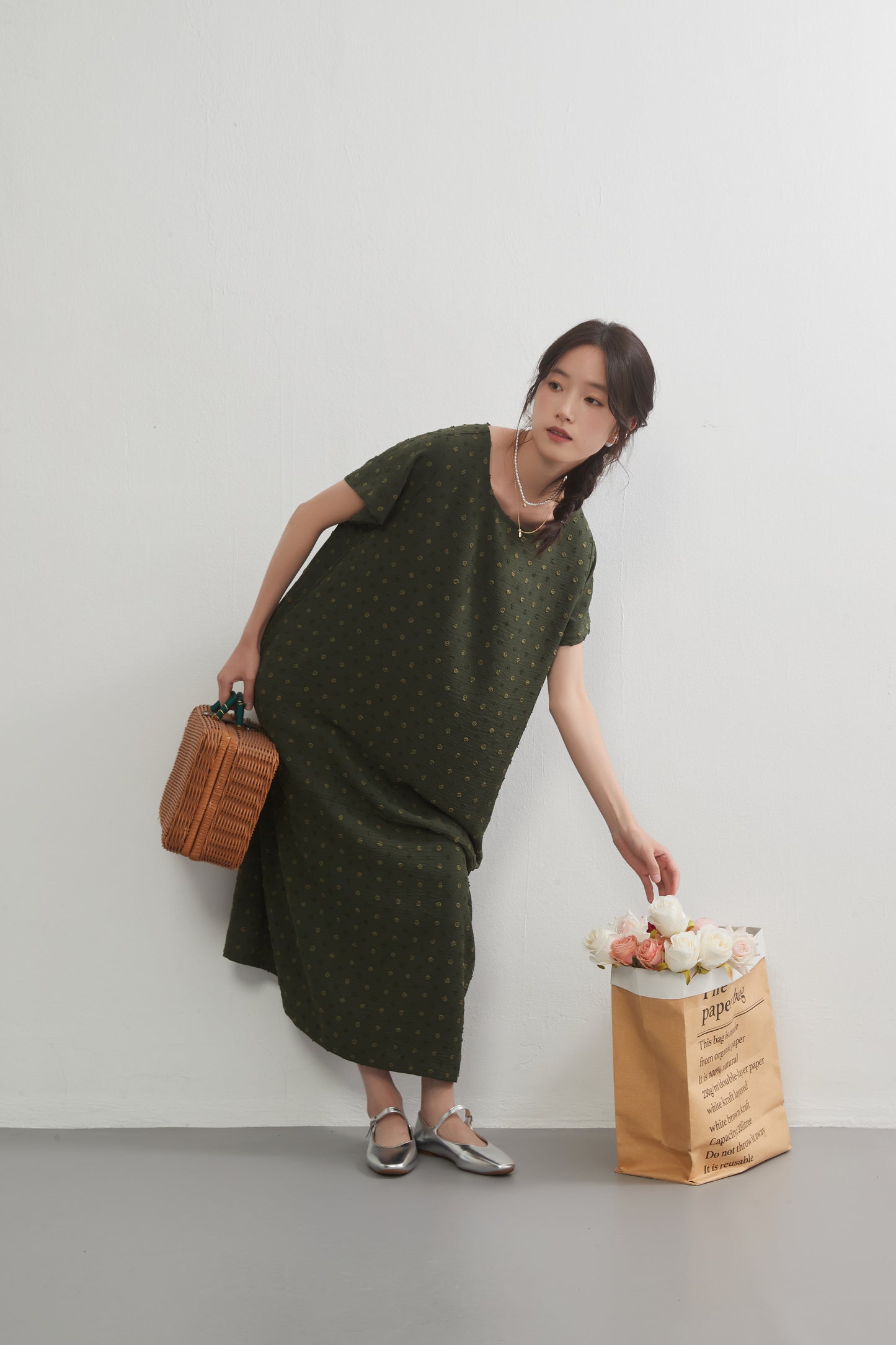 KNGT613-ドビー素材コクーンシルエット半袖ワンピース