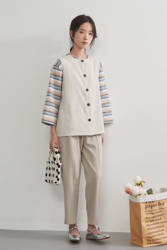 KNXV533-ピンタック織りゆったりベスト・便利ポケットたくさん配色ボタンベスト