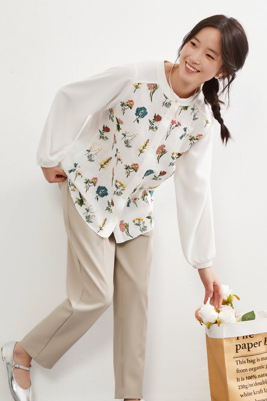 KNGC601-フローラルガーデン花柄刺繍長袖ブラウス