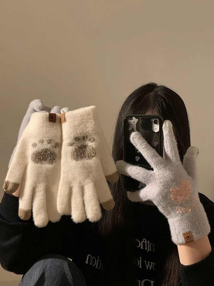 手袋 レディース メンズ スマホ対応 肉球デザイン ニット手袋 5本指 スマホタッチ対応 かわいい 防寒 冬小物KYS-009