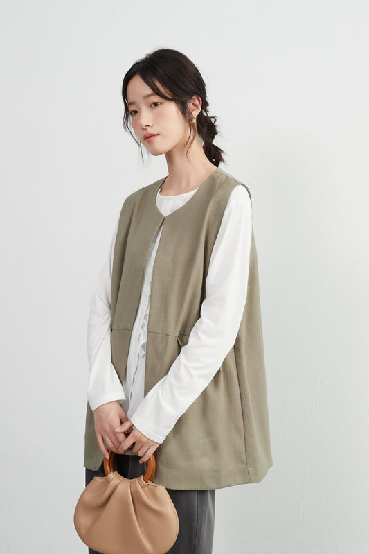 KNXJ509-ノーカラーベスト・きちんと見えてらくちんジレ・ポケット付きカジュアルオフィス