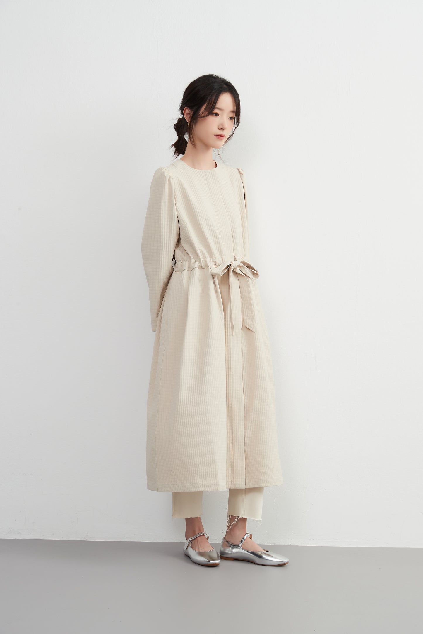 KNXJ512・リボンベルトワンピース風ジャケット・長袖アウター羽織れるワンピース・立体感格子素材