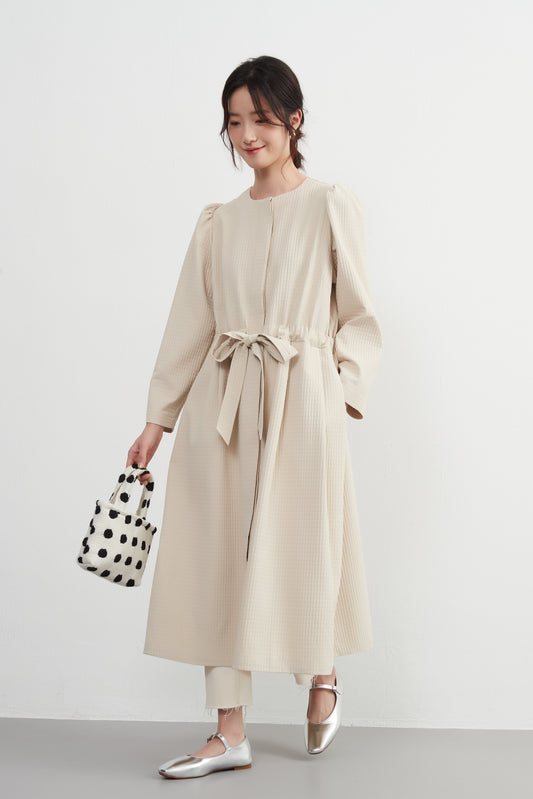 KNXJ512, ribbon belt dress-style jacket, long sleeve outerwear dress, three-dimensional lattice material