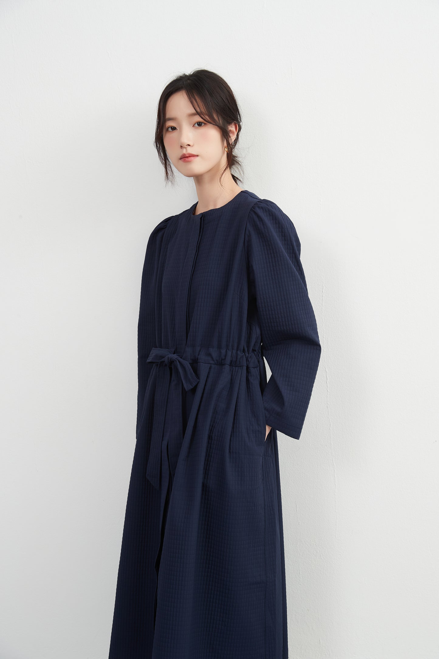 KNXJ512・リボンベルトワンピース風ジャケット・長袖アウター羽織れるワンピース・立体感格子素材