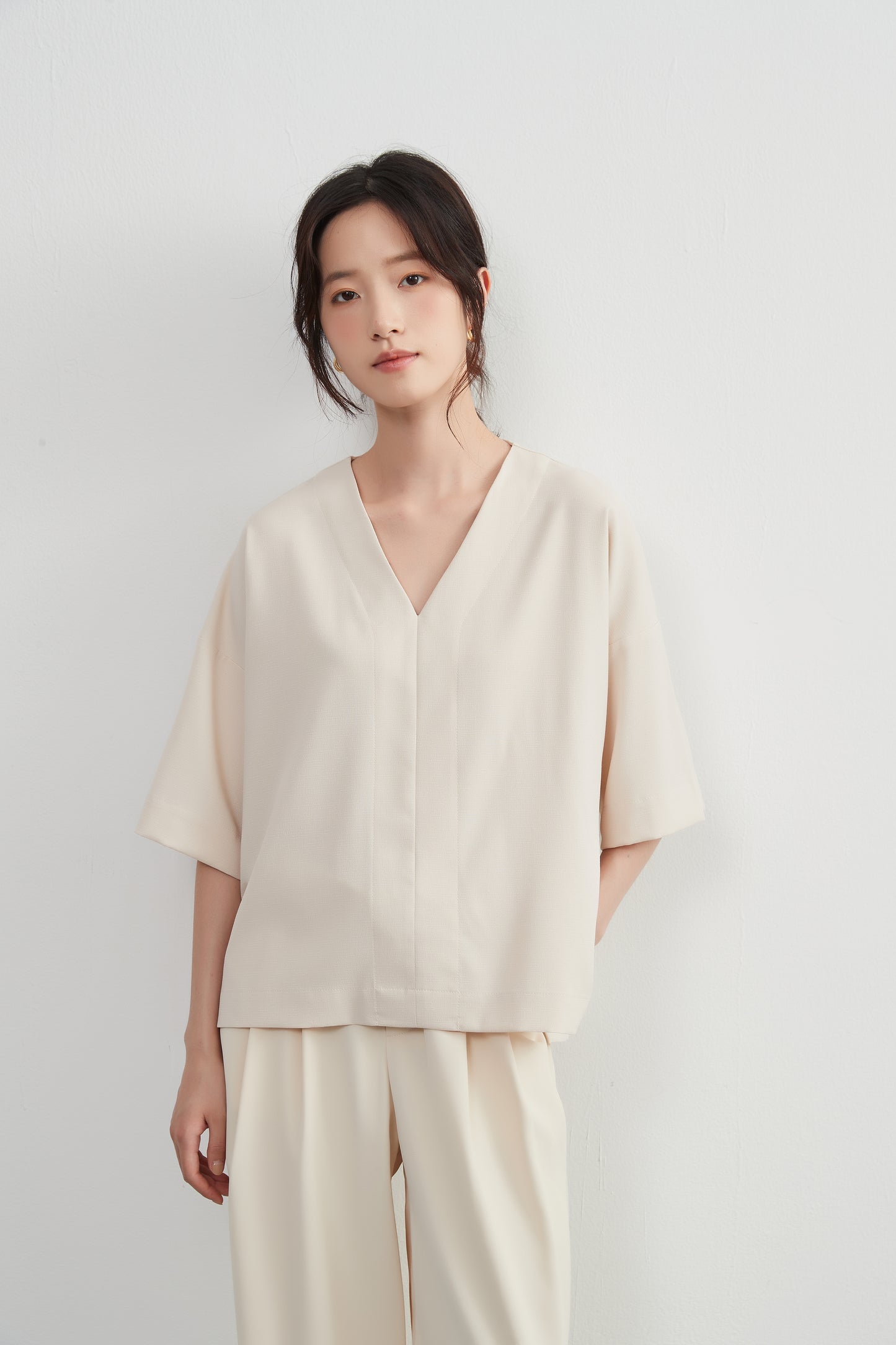 KNXT407-新色到着・半袖VネックセンターシームトップスCLEAN Style・シンプルプルオーバー