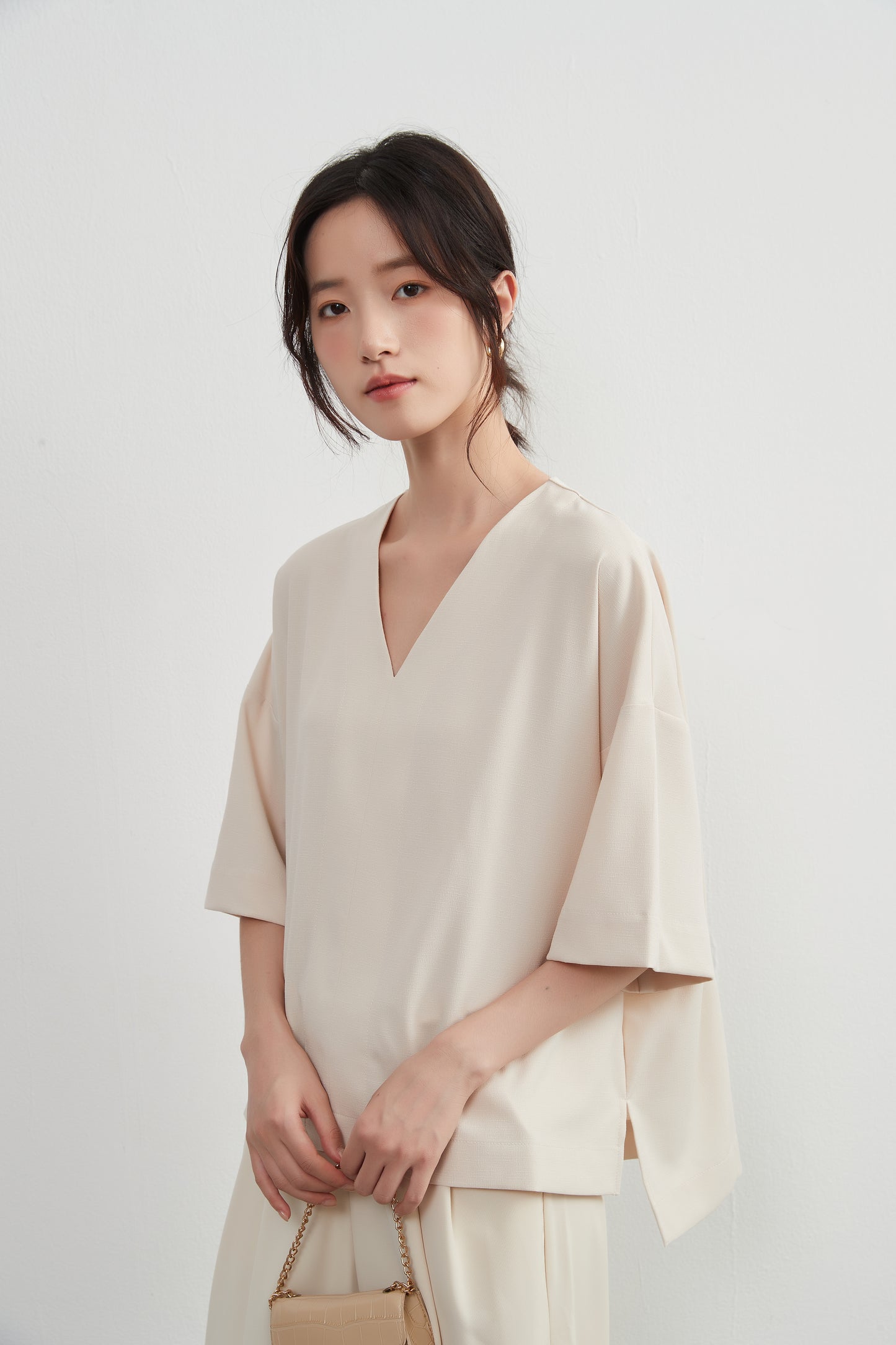 KNXT407-新色到着・半袖VネックセンターシームトップスCLEAN Style・シンプルプルオーバー