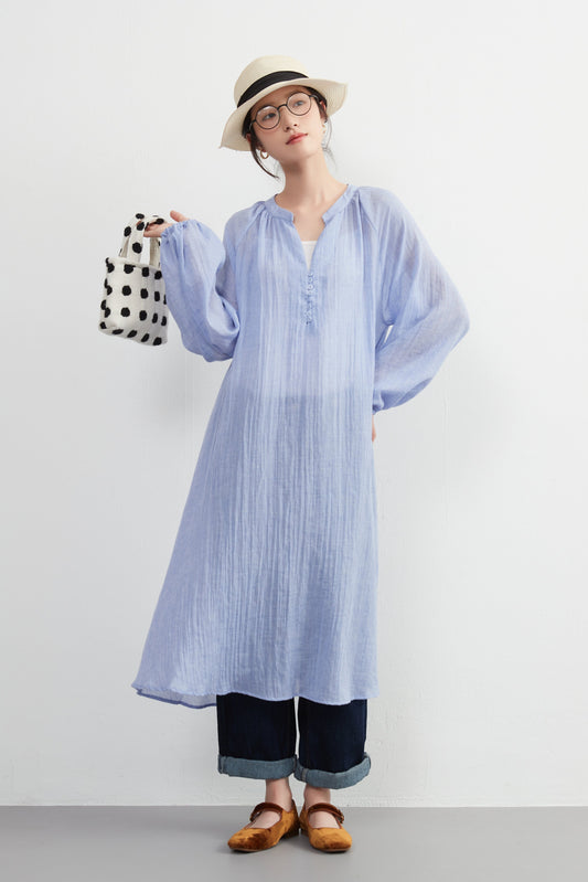 KNXO513 - Lightweight cotton blend sheer long sleeve tunic dress - Convenient for layering - Covers the body