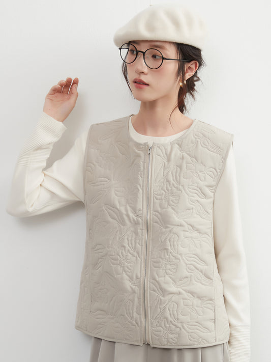 KNXJ521・花柄超音波キルティング薄中綿ジップベスト(ポケット付き)