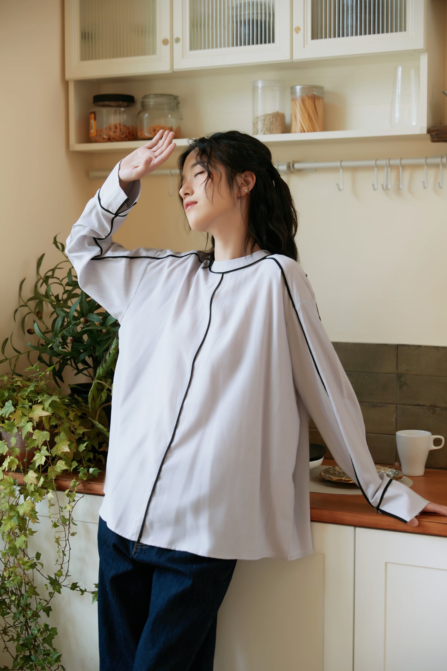 KNST340-PURPLE パイピングシャドーストライプ長袖ブラウス