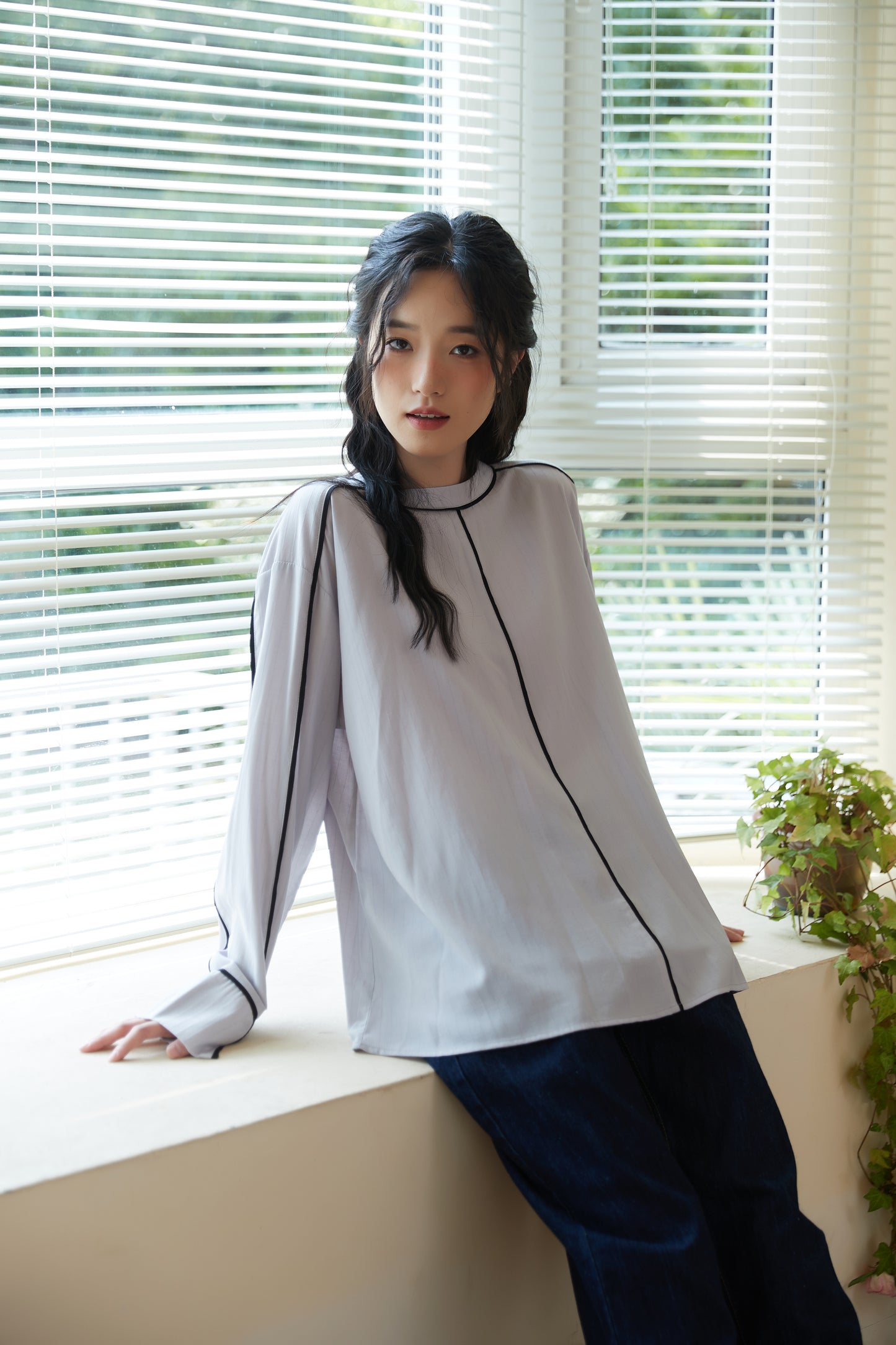 KNST340-PURPLE パイピングシャドーストライプ長袖ブラウス