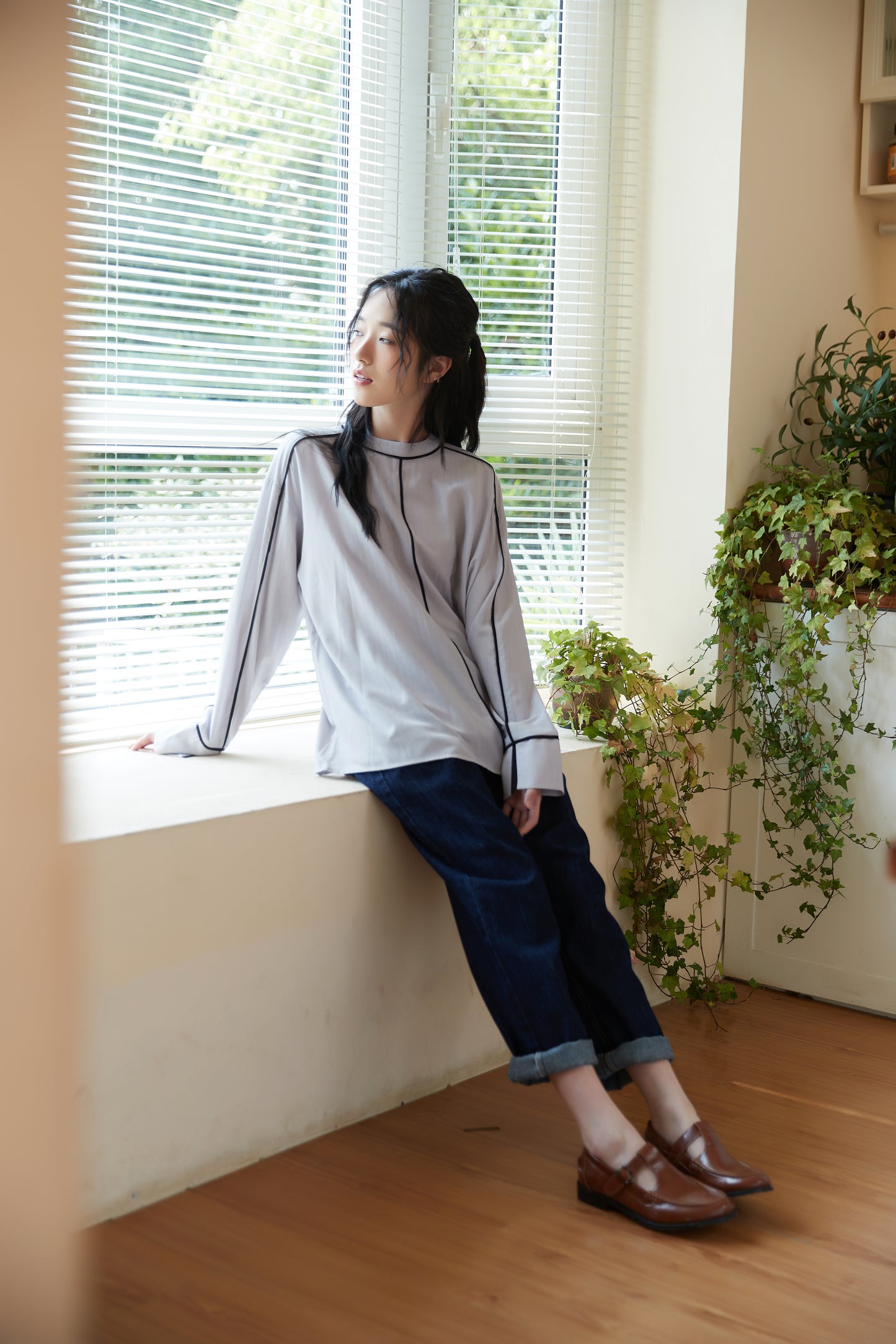 KNST340-PURPLE パイピングシャドーストライプ長袖ブラウス